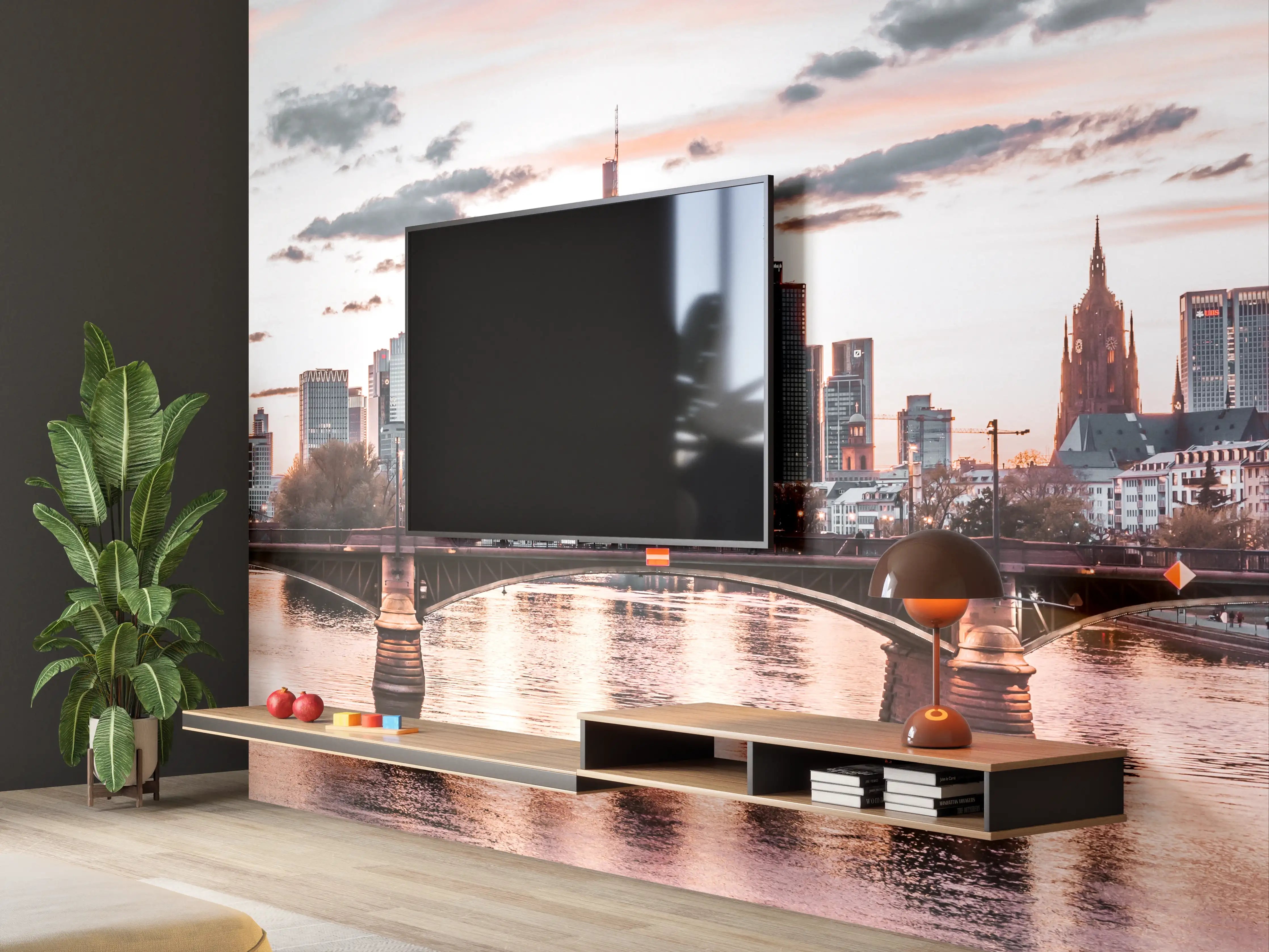 Wandverkleidung Wohnzimmer - Stimmungsvoller Blick auf die Skyline von Frankfurt am Main bei Sonnenuntergang