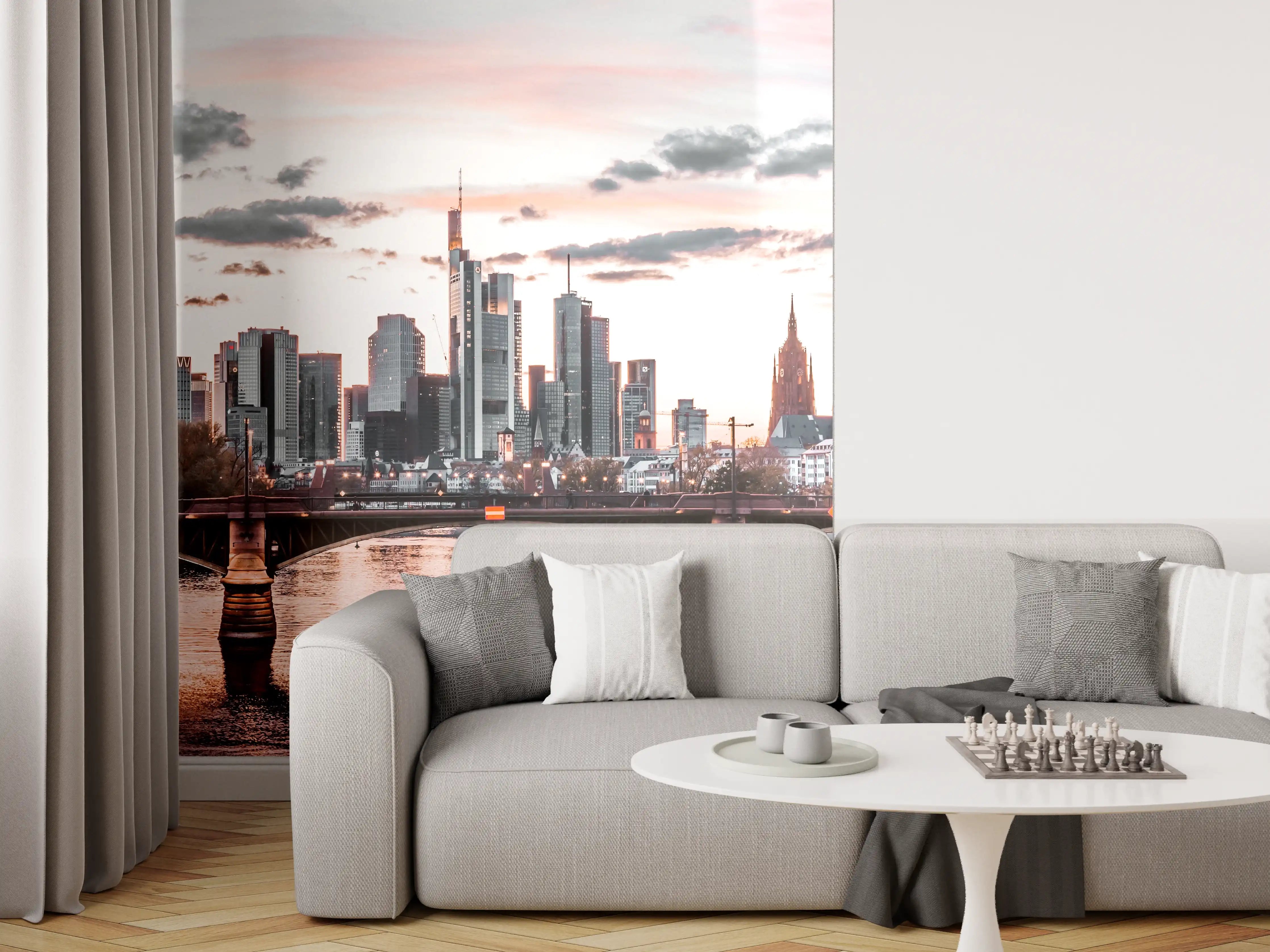 Wandverkleidung Wohnzimmer - Stimmungsvoller Blick auf die Skyline von Frankfurt am Main bei Sonnenuntergang