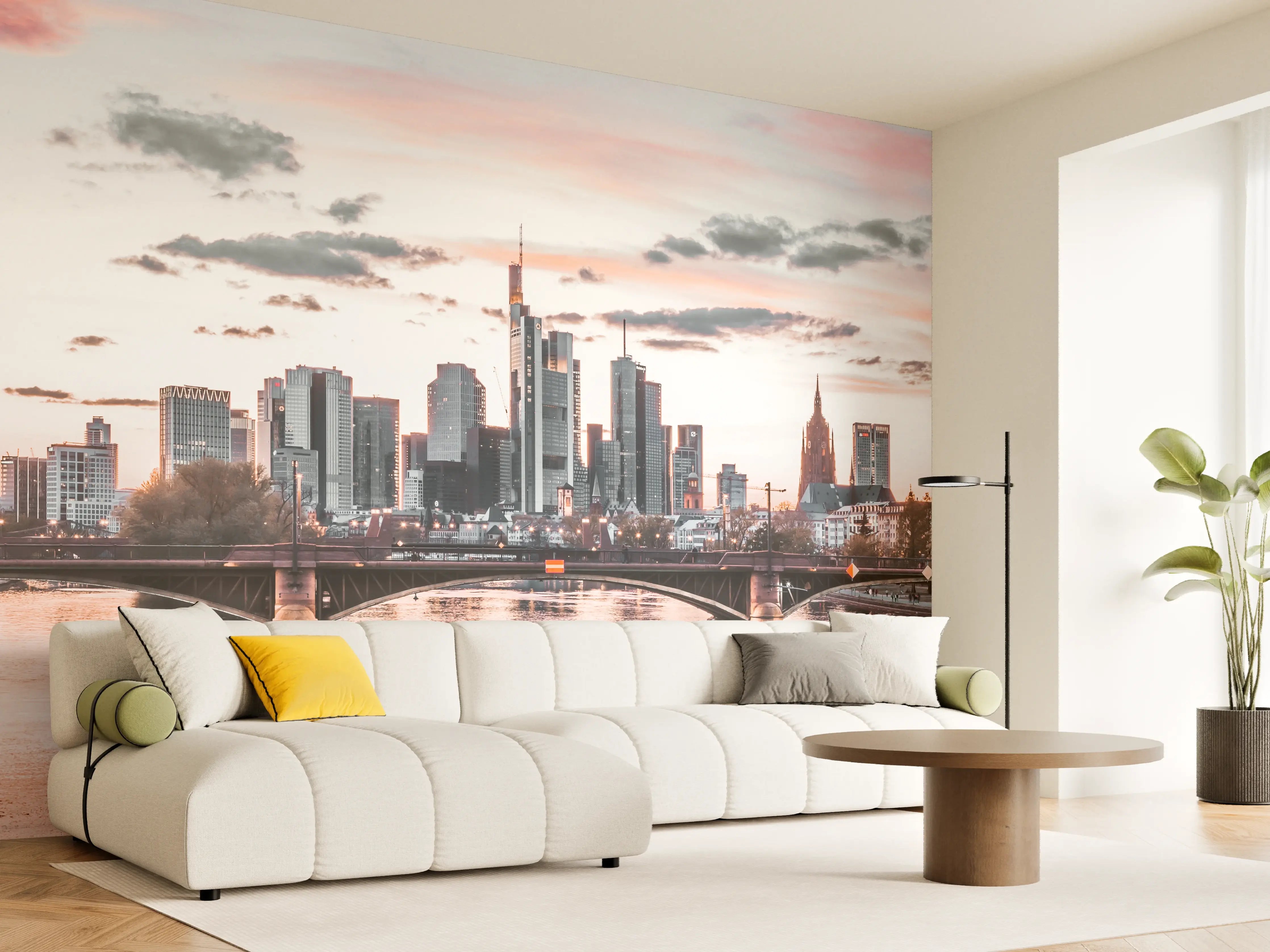 Wandverkleidung Wohnzimmer - Stimmungsvoller Blick auf die Skyline von Frankfurt am Main bei Sonnenuntergang