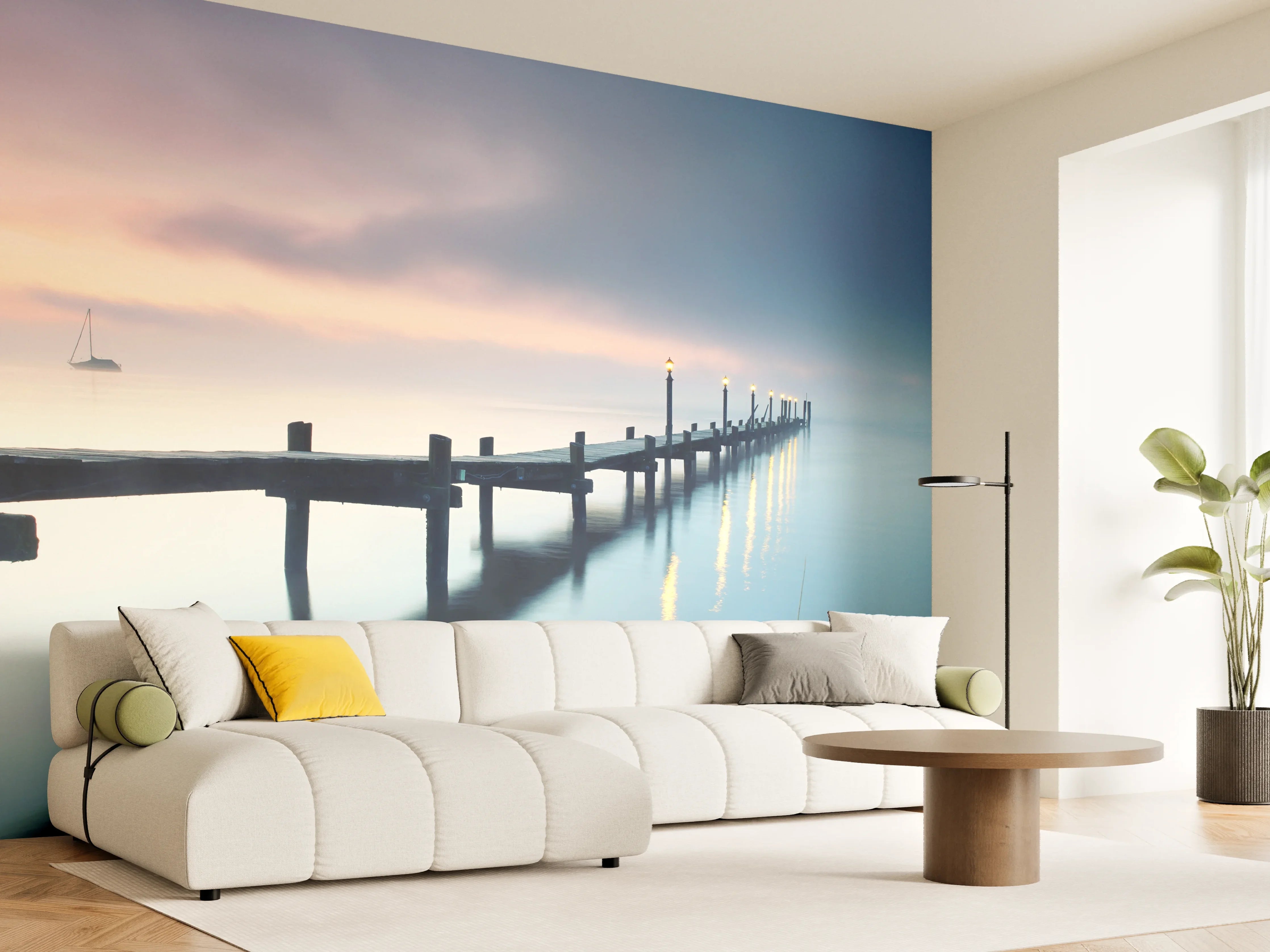 Wandverkleidung Wohnzimmer - Stimmungsvoller Sonnenaufgang am Steg