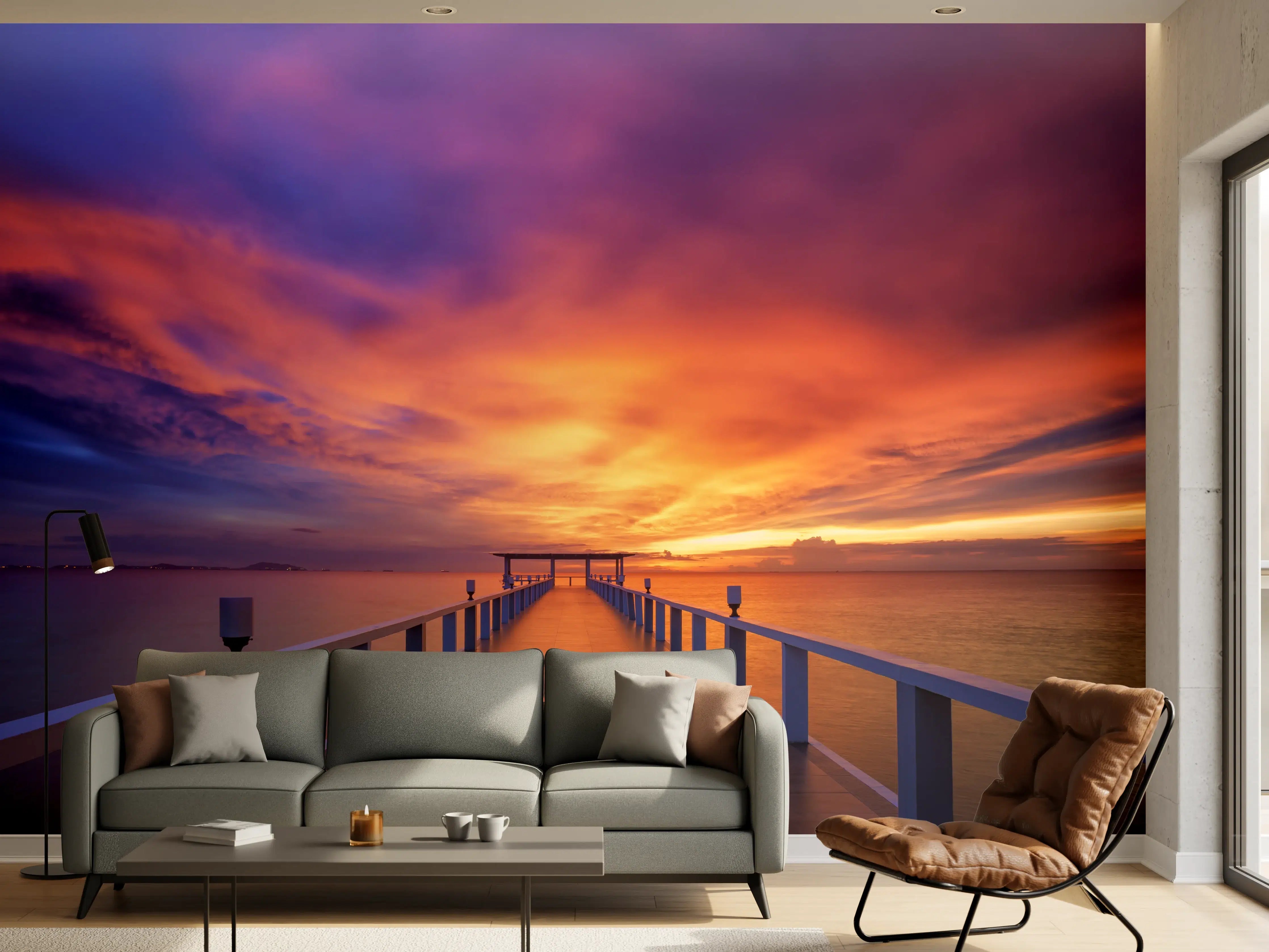 Wandverkleidung Wohnzimmer - Stimmungsvoller Sonnenuntergang am Pier