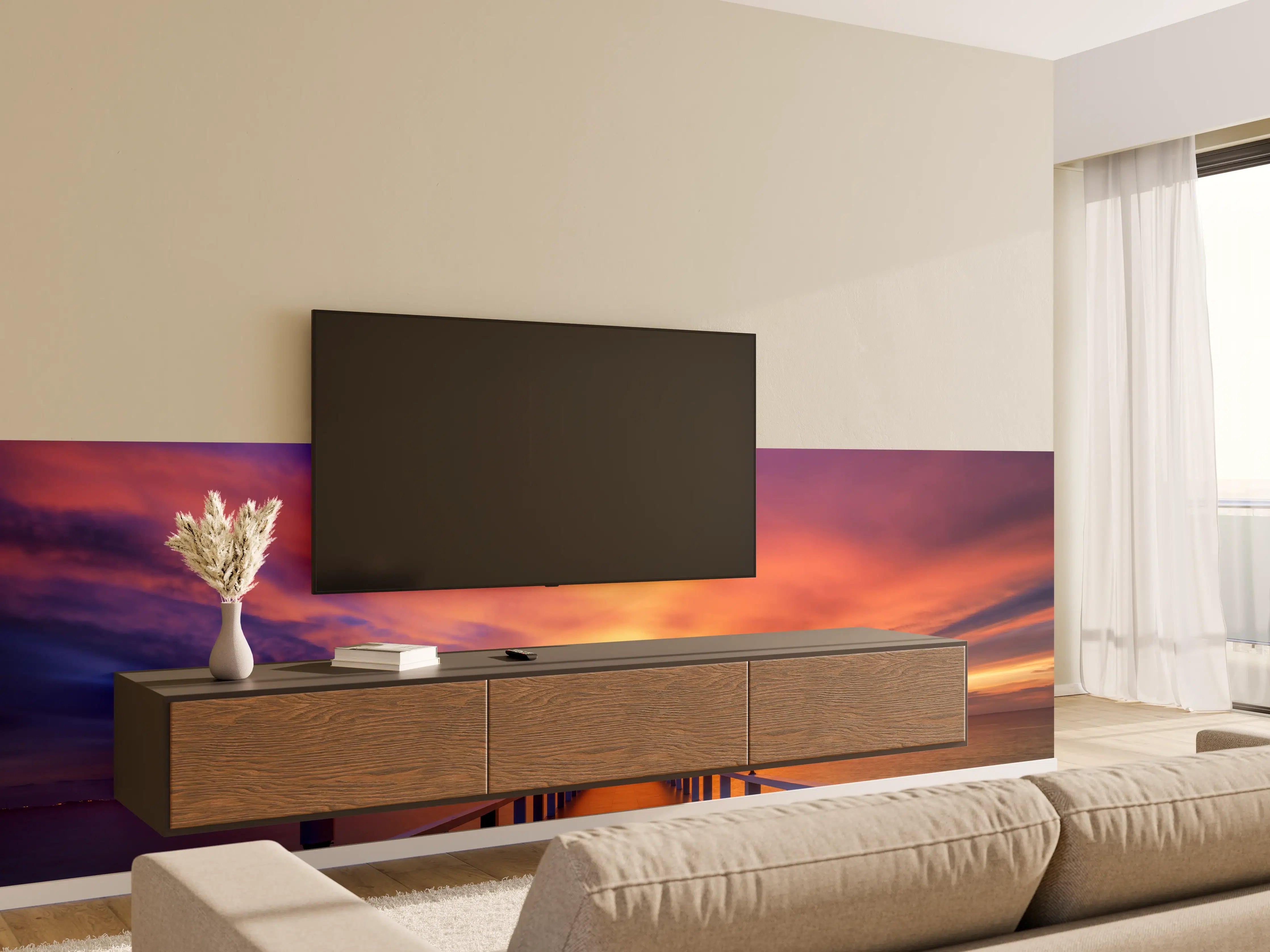 Wandverkleidung Wohnzimmer - Stimmungsvoller Sonnenuntergang am Pier