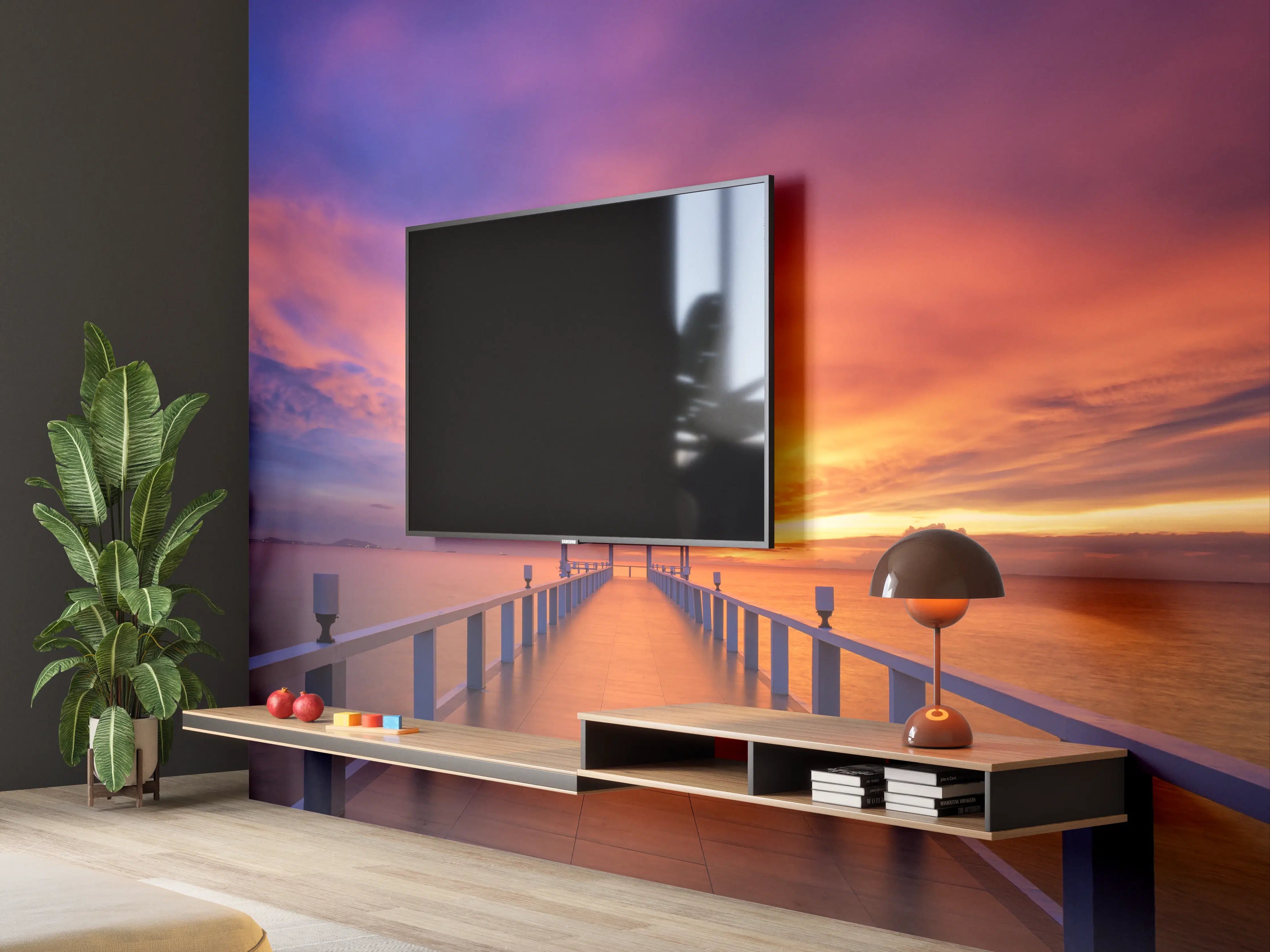 Wandverkleidung Wohnzimmer - Stimmungsvoller Sonnenuntergang am Pier
