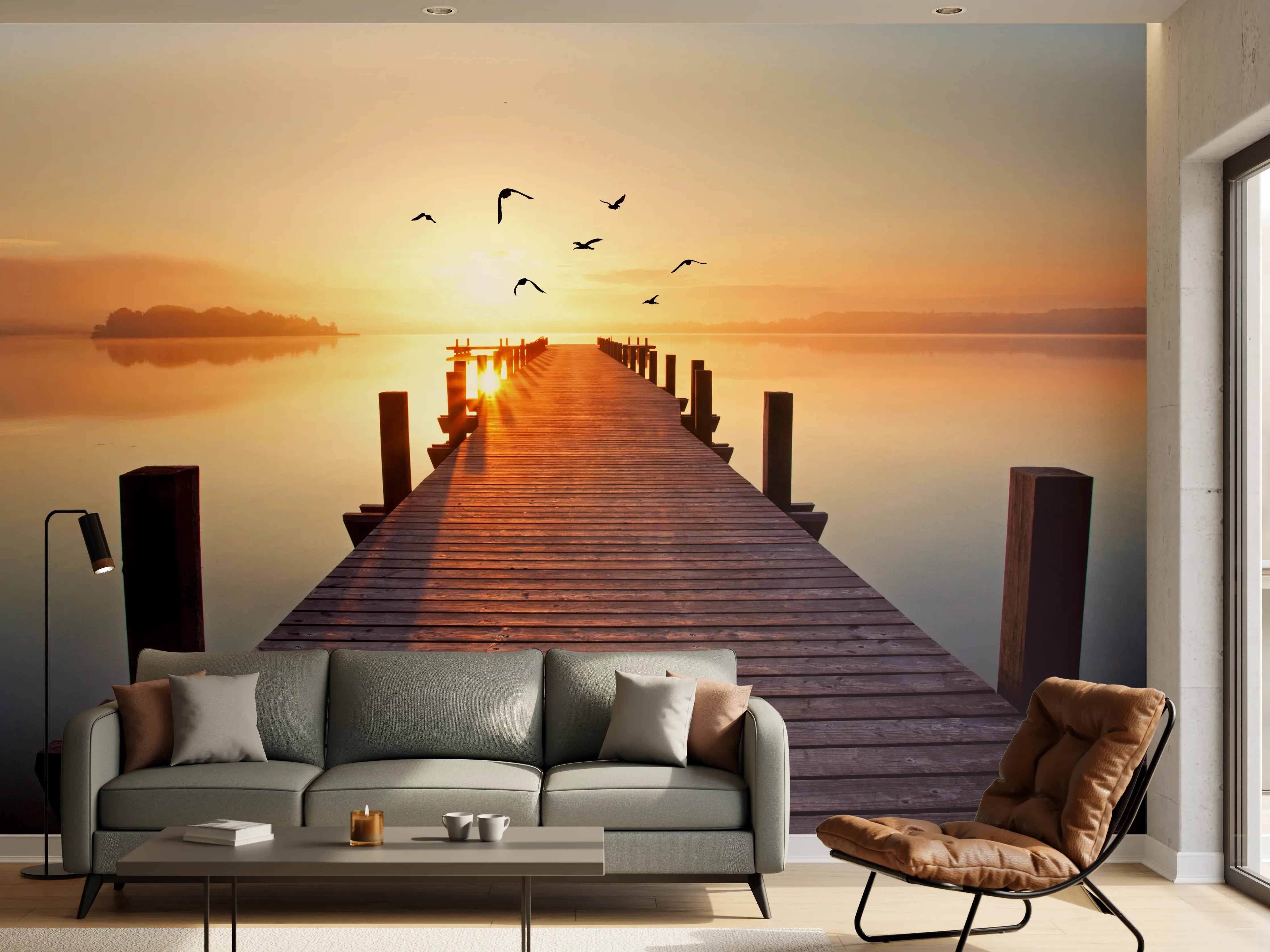 Wandverkleidung Wohnzimmer - Stimmungsvoller Sonnenuntergang am Wasser