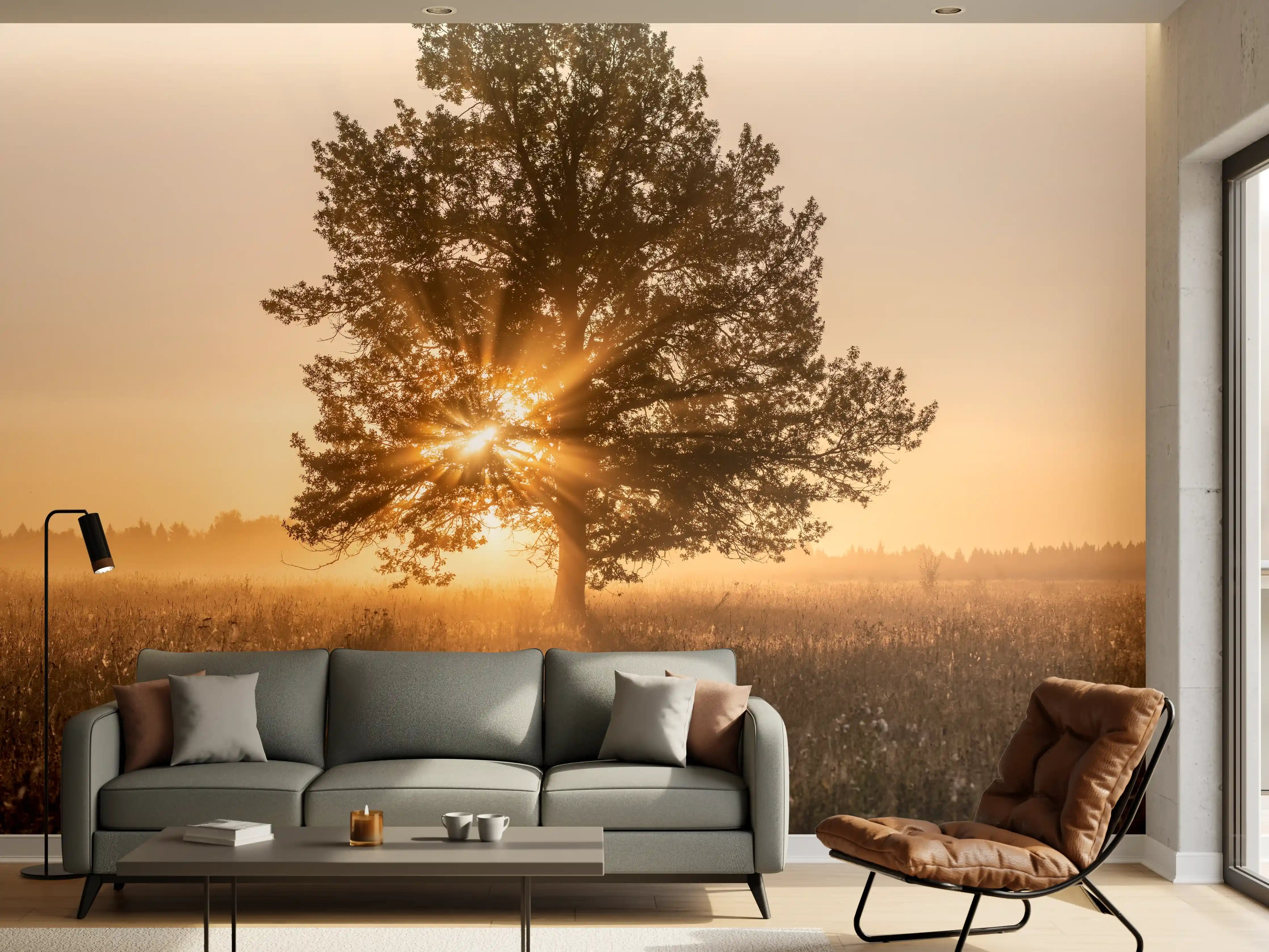 Wandverkleidung Wohnzimmer - Stimmungsvoller Sonnenuntergang hinter Baum