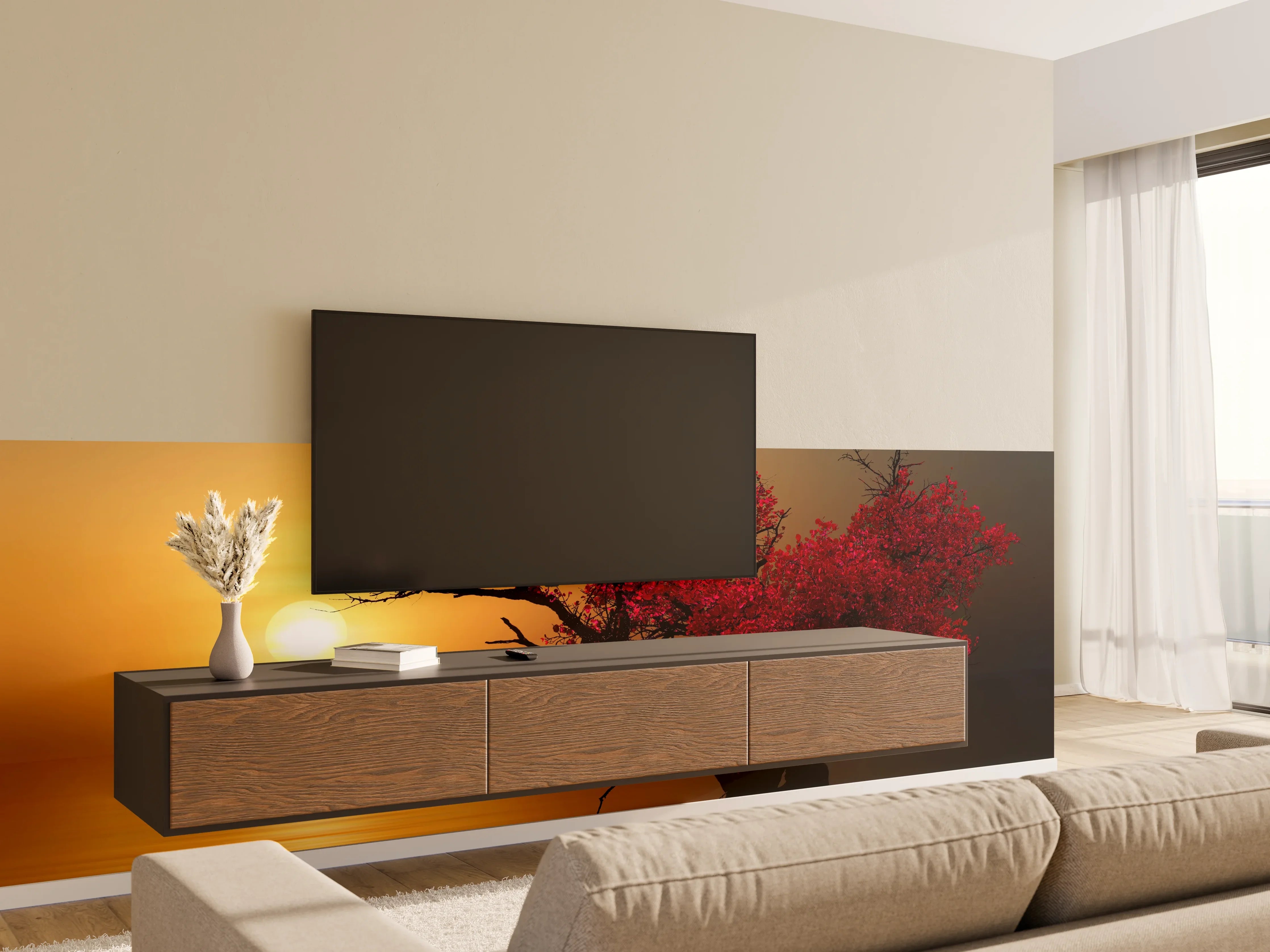 Wandverkleidung Wohnzimmer - Stimmungsvoller Sonnenuntergang mit Baum