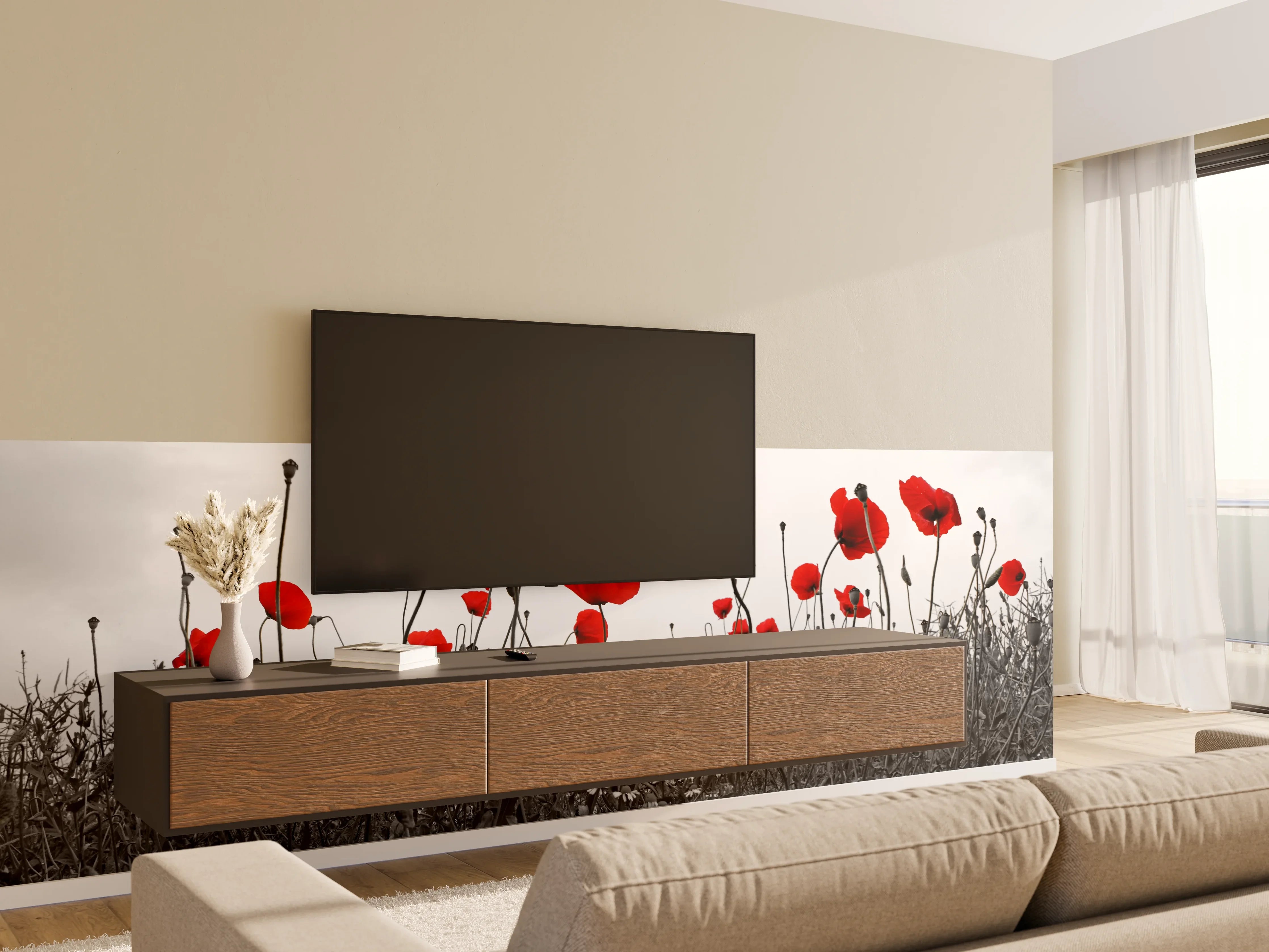 Wandverkleidung Wohnzimmer - Stimmungsvolles Mohnfeld in Graustufen