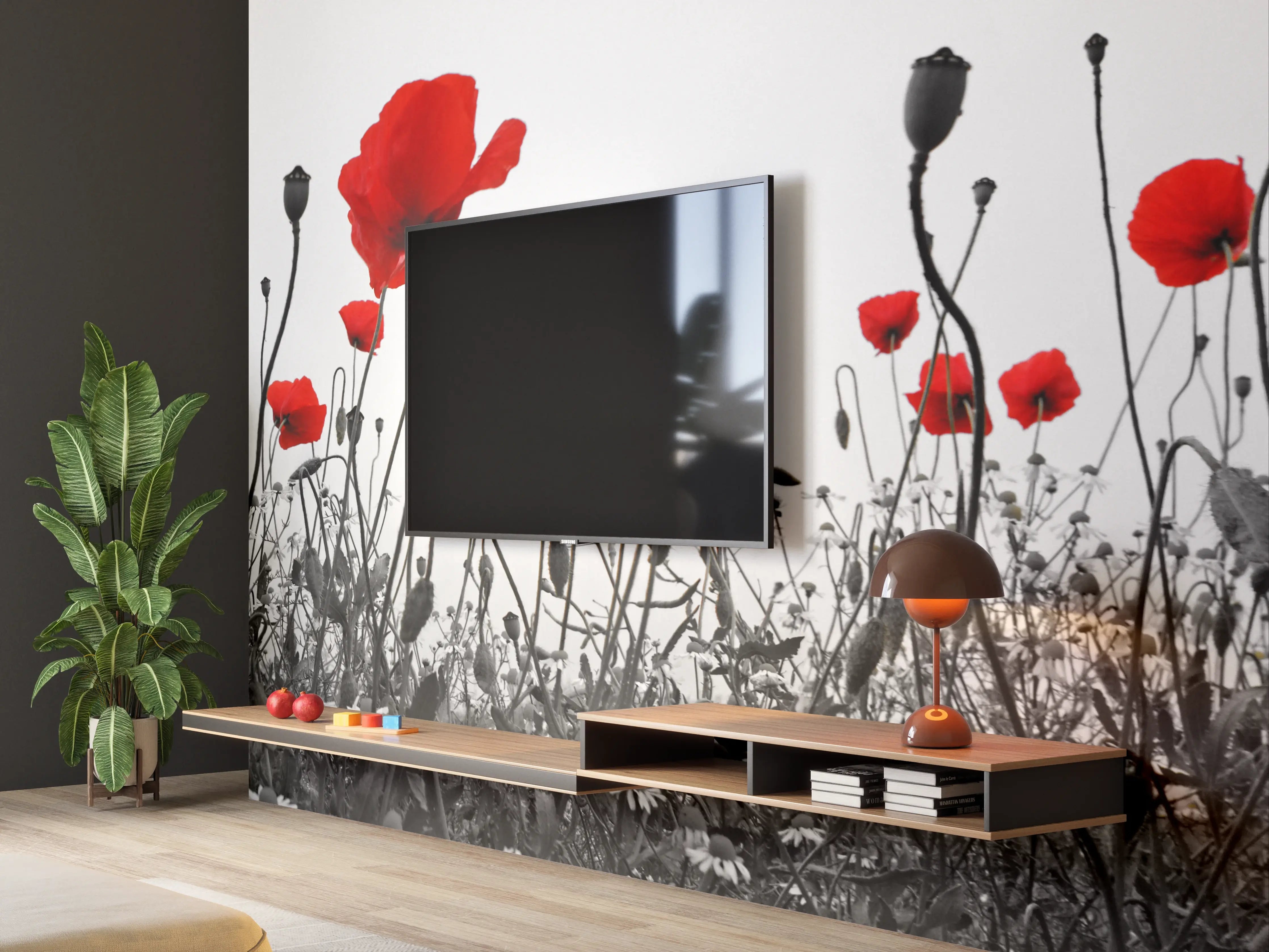 Wandverkleidung Wohnzimmer - Stimmungsvolles Mohnfeld in Graustufen