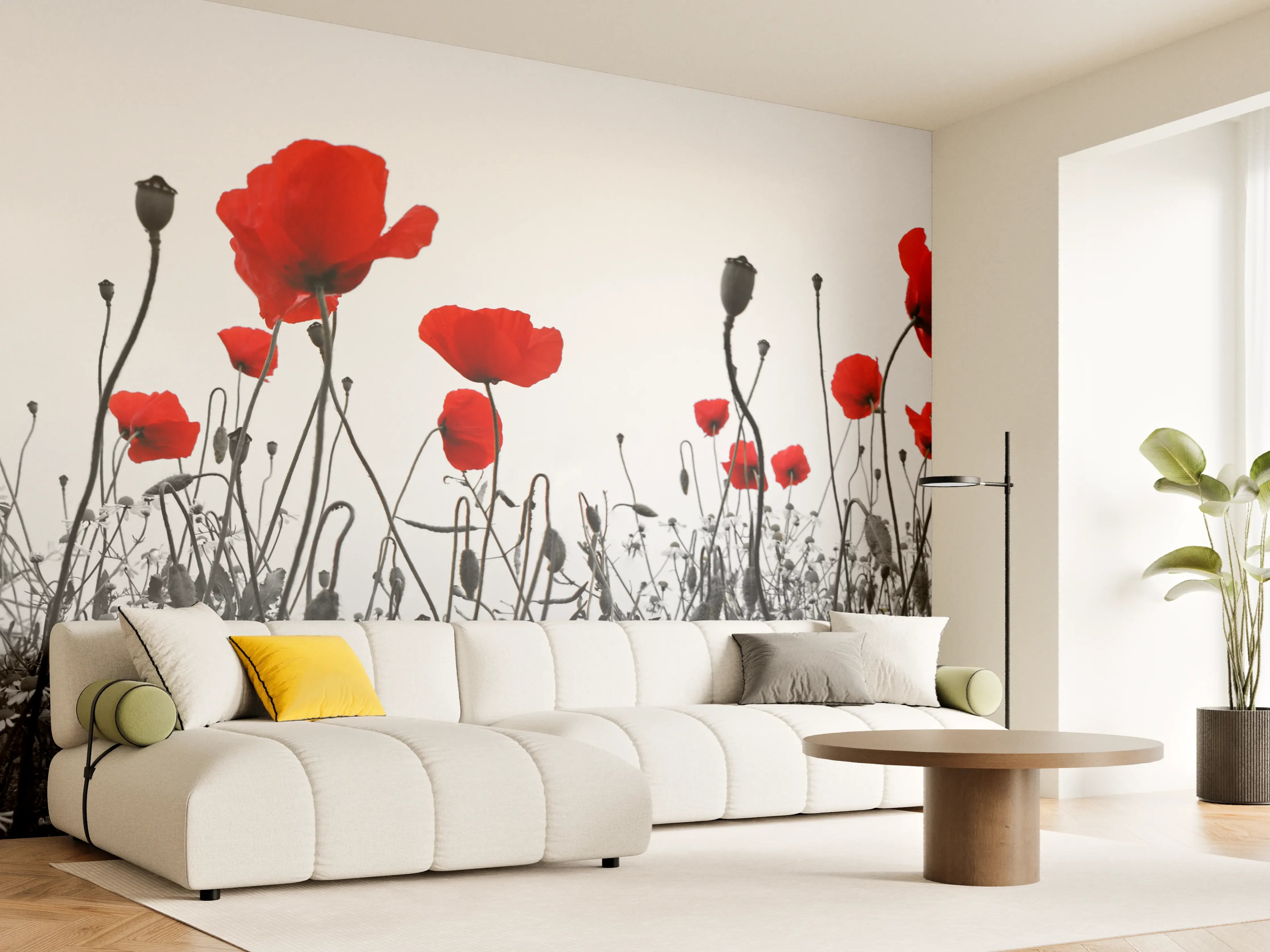 Wandverkleidung Wohnzimmer - Stimmungsvolles Mohnfeld in Graustufen