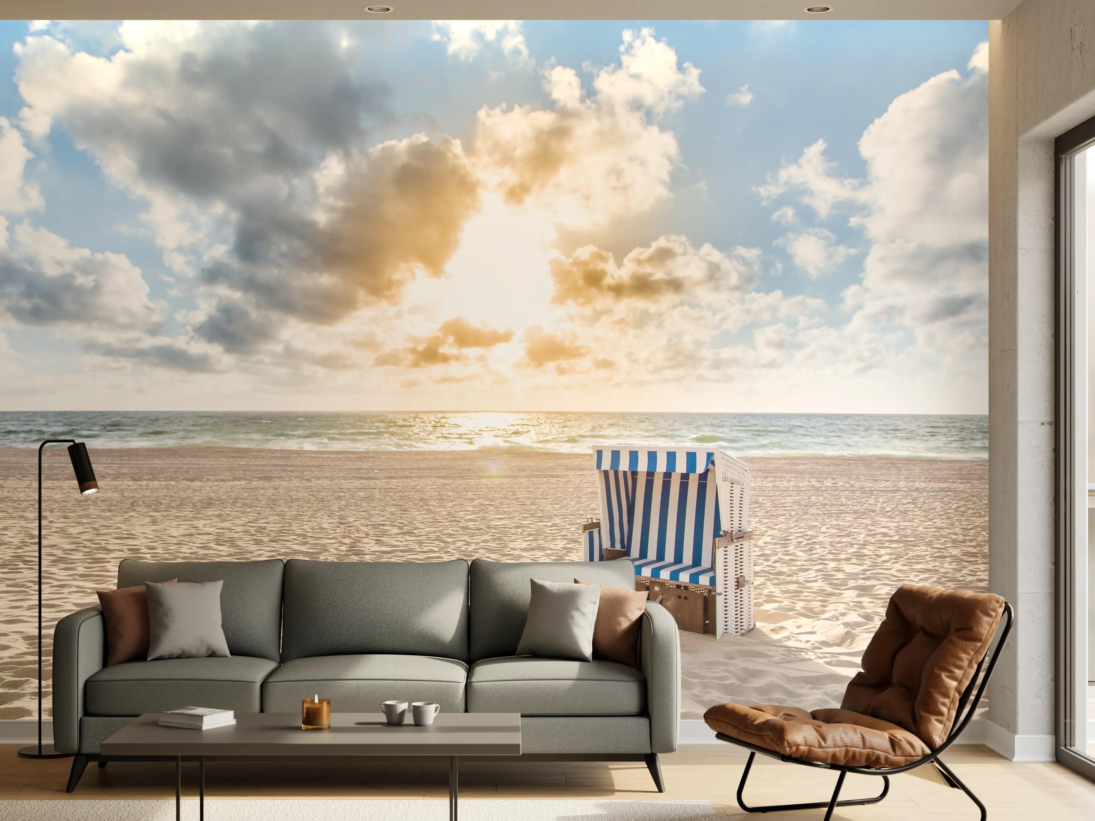 Wandverkleidung Wohnzimmer - Strand mit Blick auf Sonnenuntergang und Strandkorb