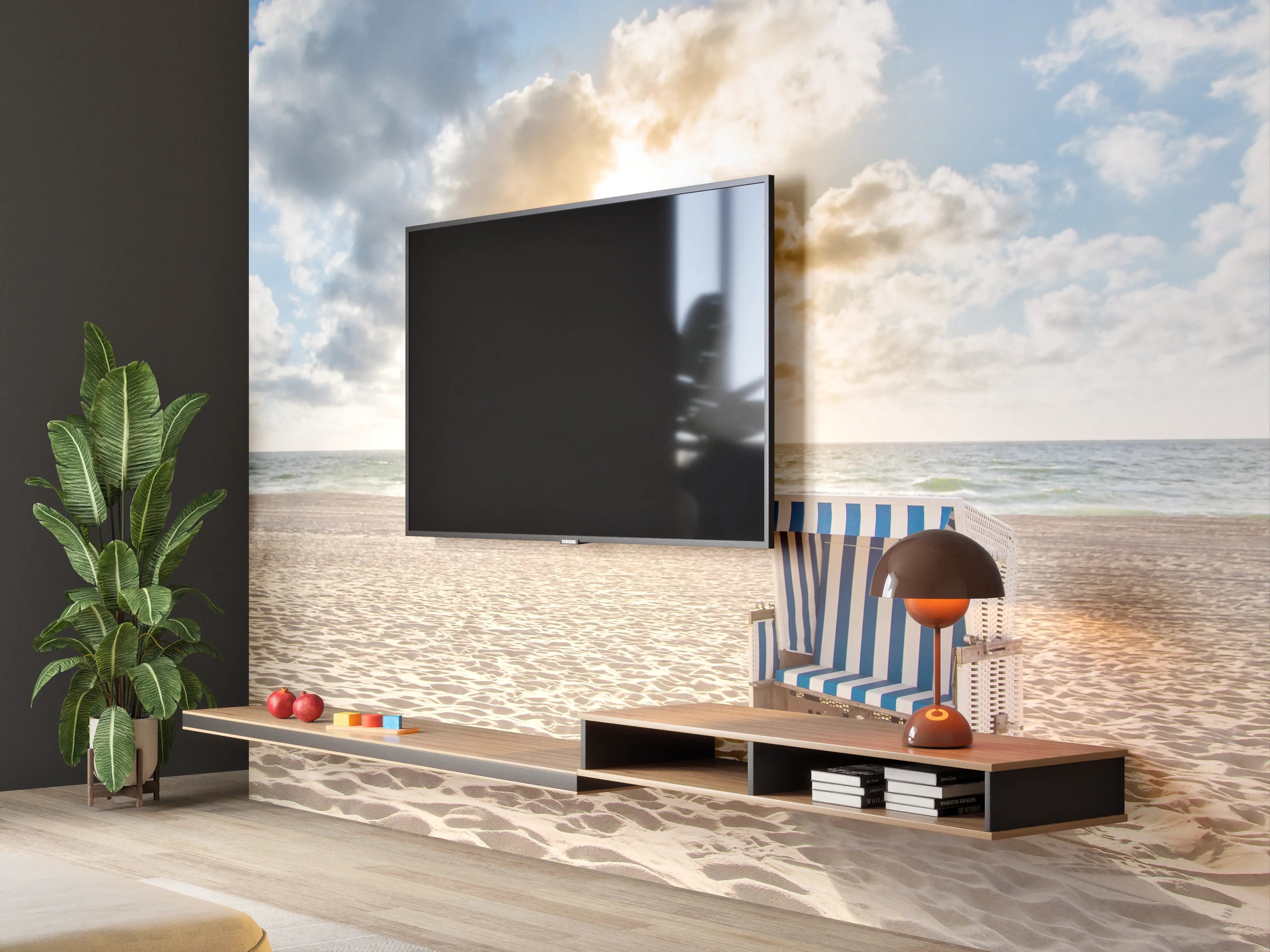 Wandverkleidung Wohnzimmer - Strand mit Blick auf Sonnenuntergang und Strandkorb