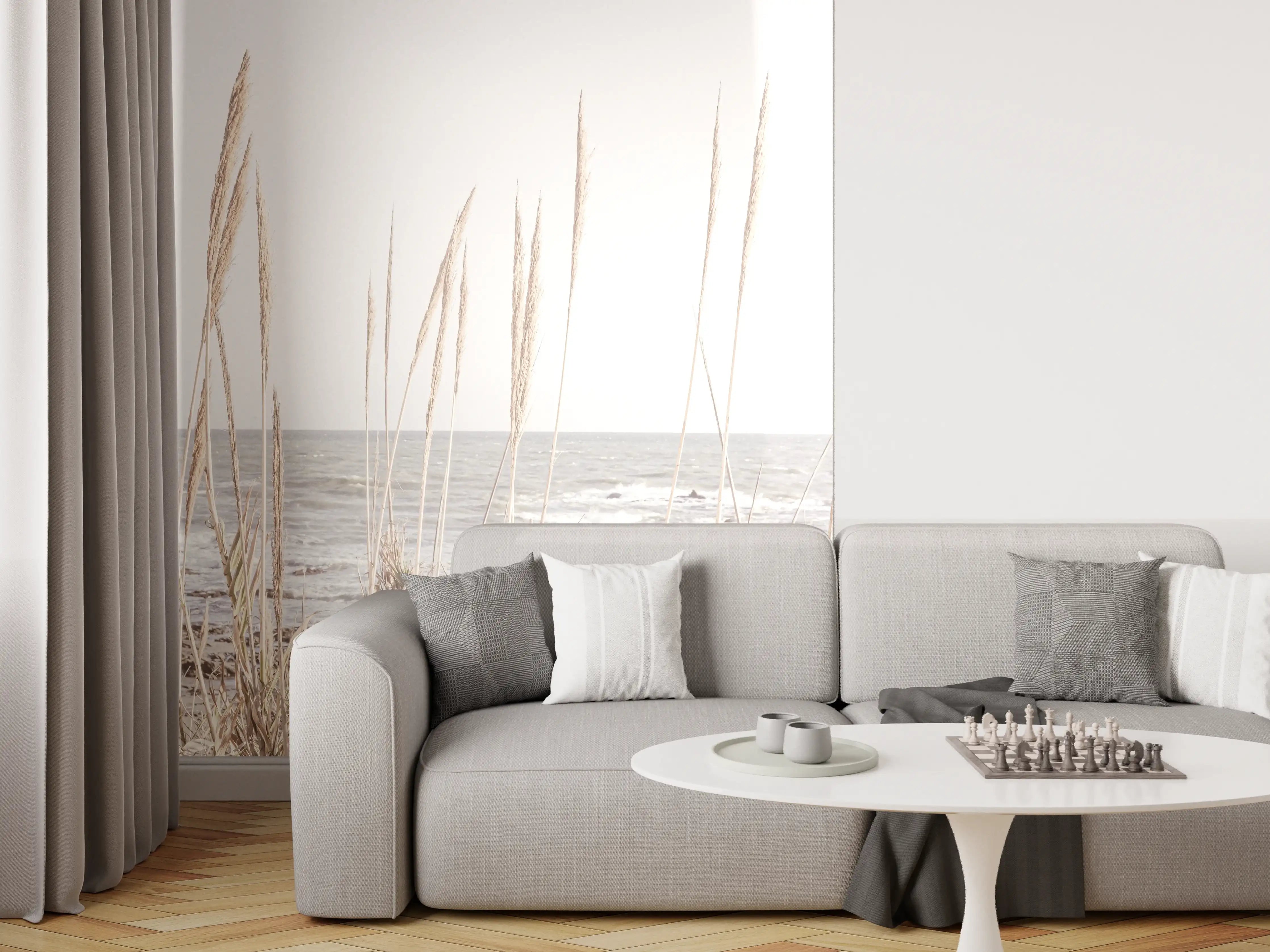 Wandverkleidung Wohnzimmer - Strand mit Dünen und Gräsern in sanften Farben