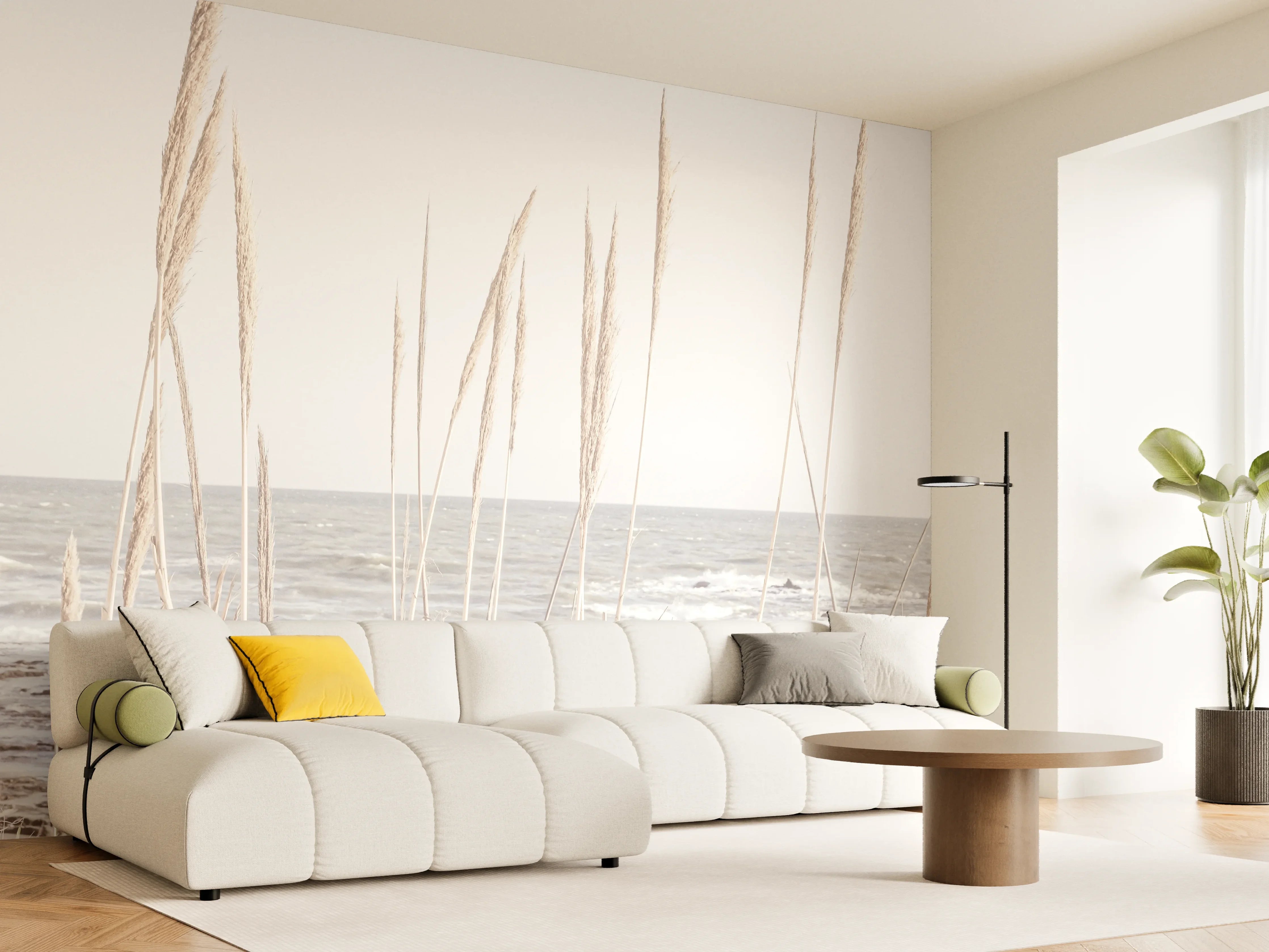 Wandverkleidung Wohnzimmer - Strand mit Dünen und Gräsern in sanften Farben
