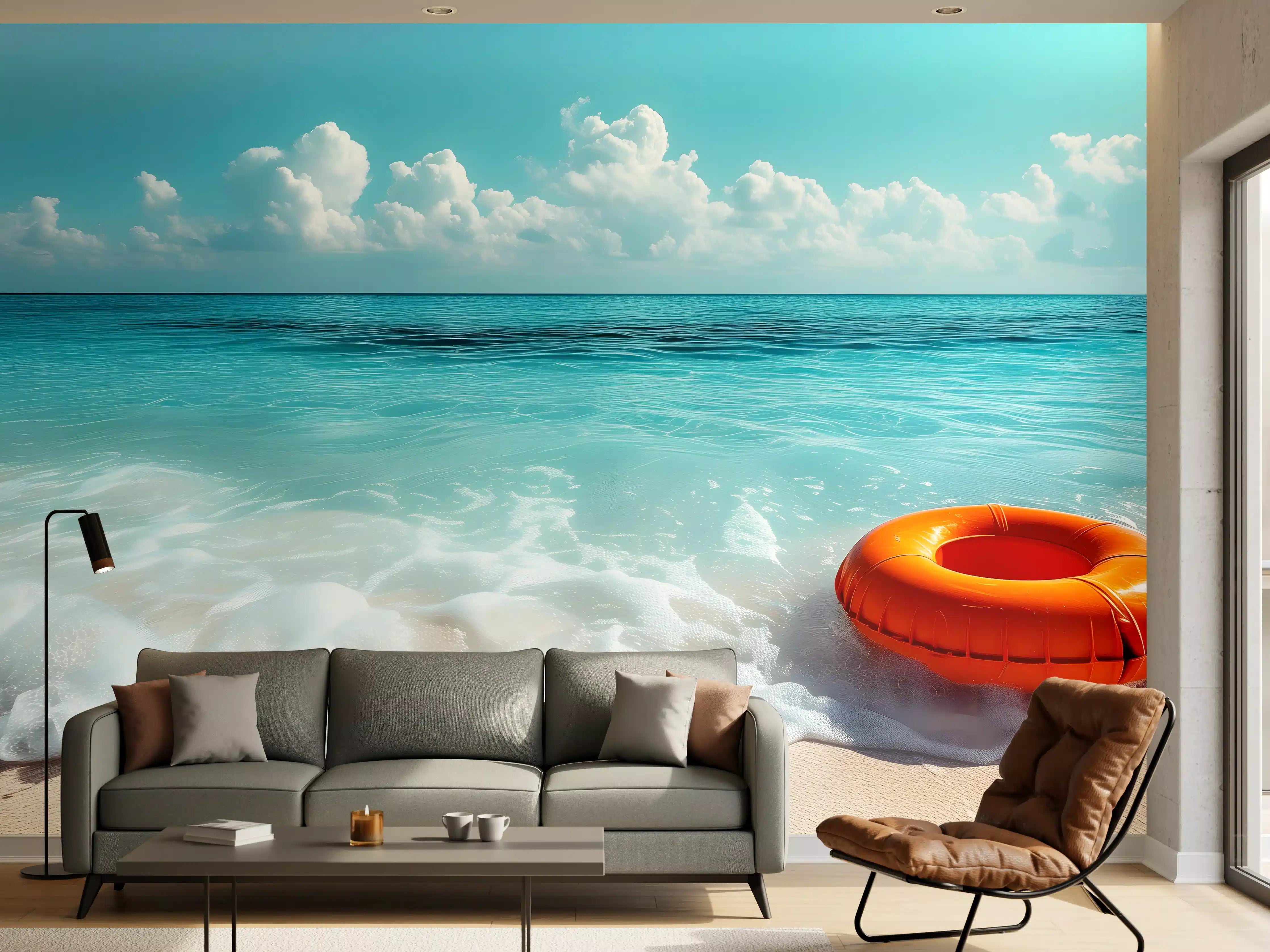 Wandverkleidung Wohnzimmer - Strand mit orangefarbener Schwimmringe