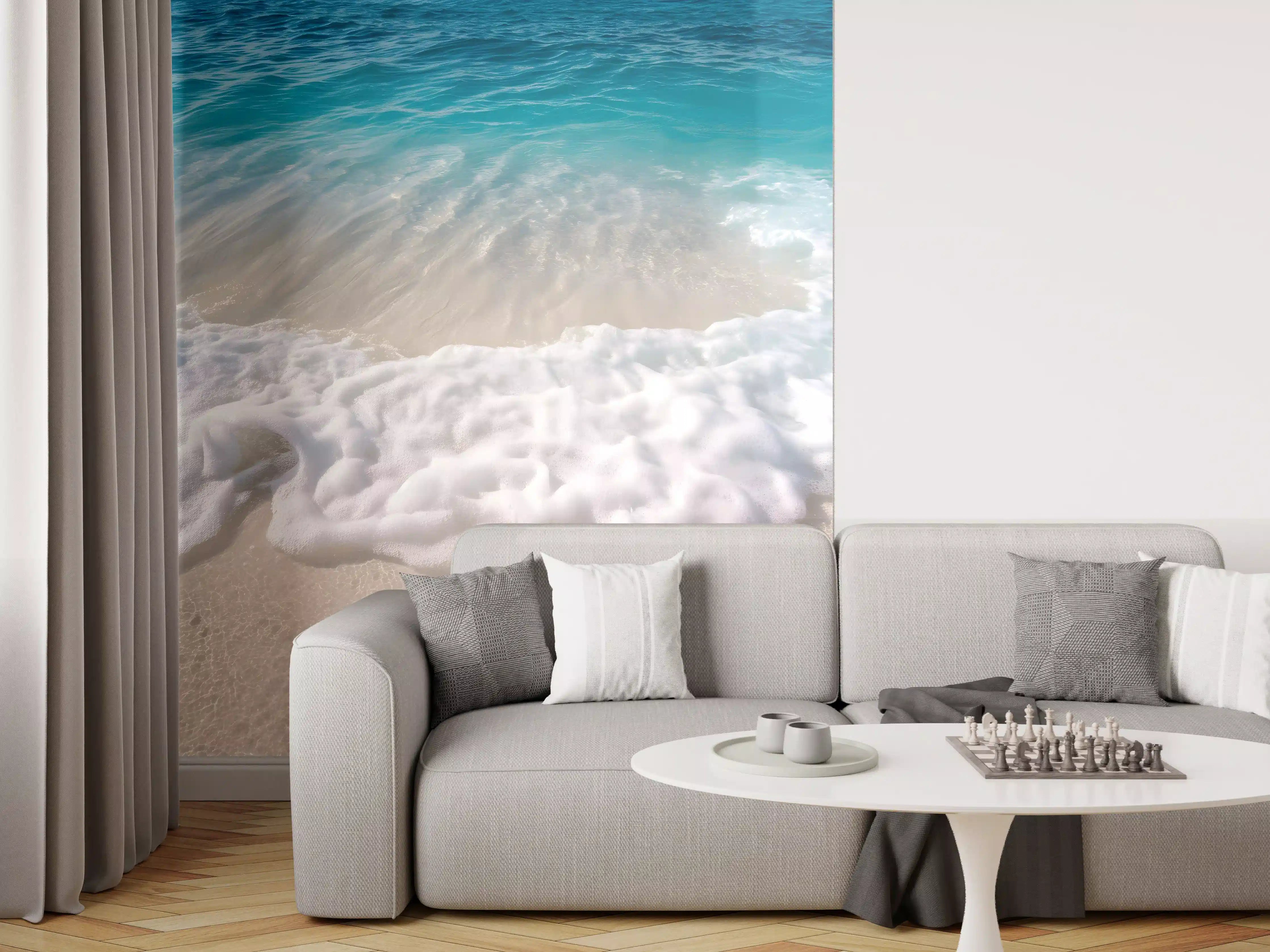 Wandverkleidung Wohnzimmer - Strand mit sanften Wellen und Schaum