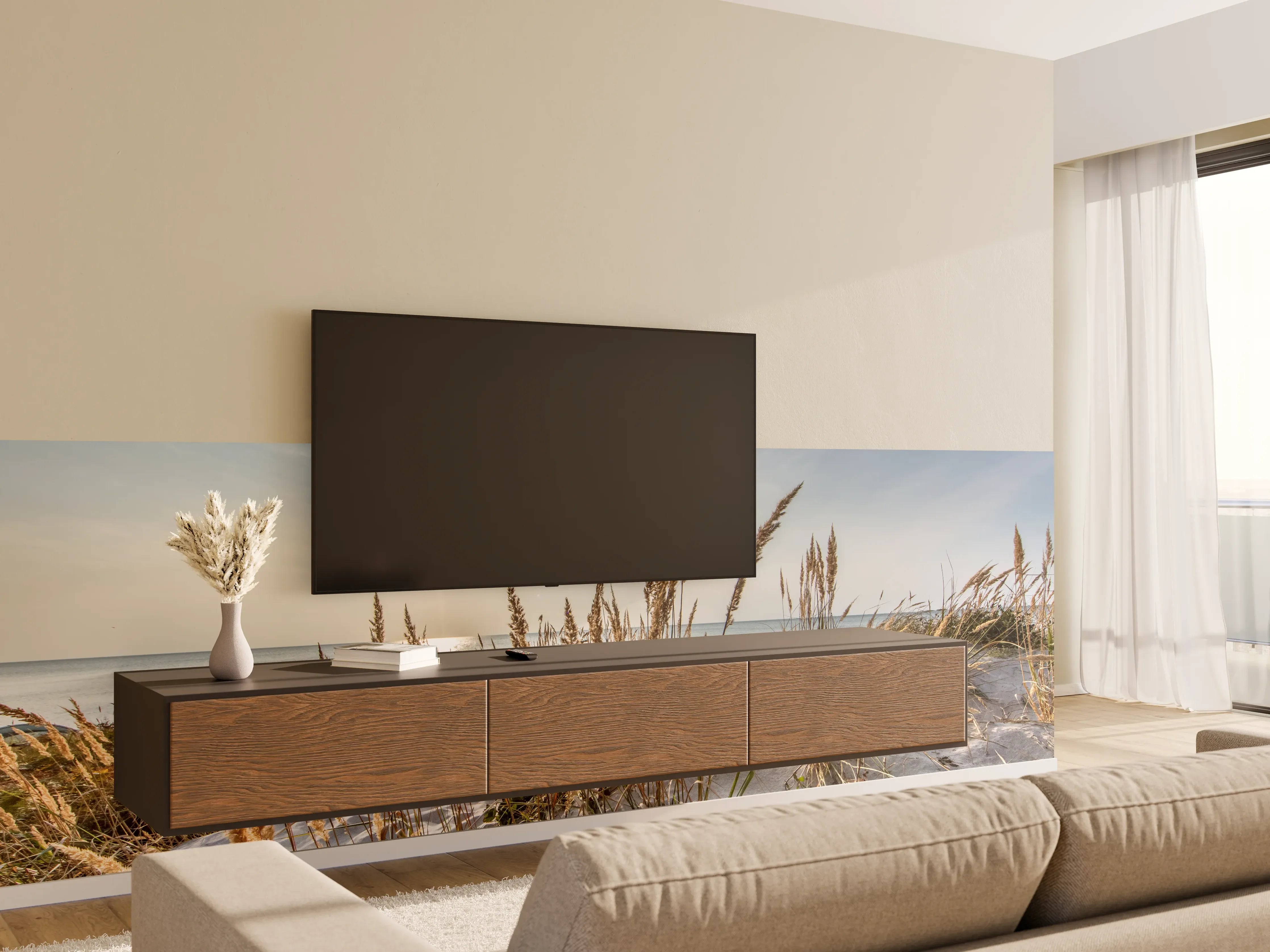 Wandverkleidung Wohnzimmer - Strand, Dünen und Sonnenaufgang in natürlicher Schönheit