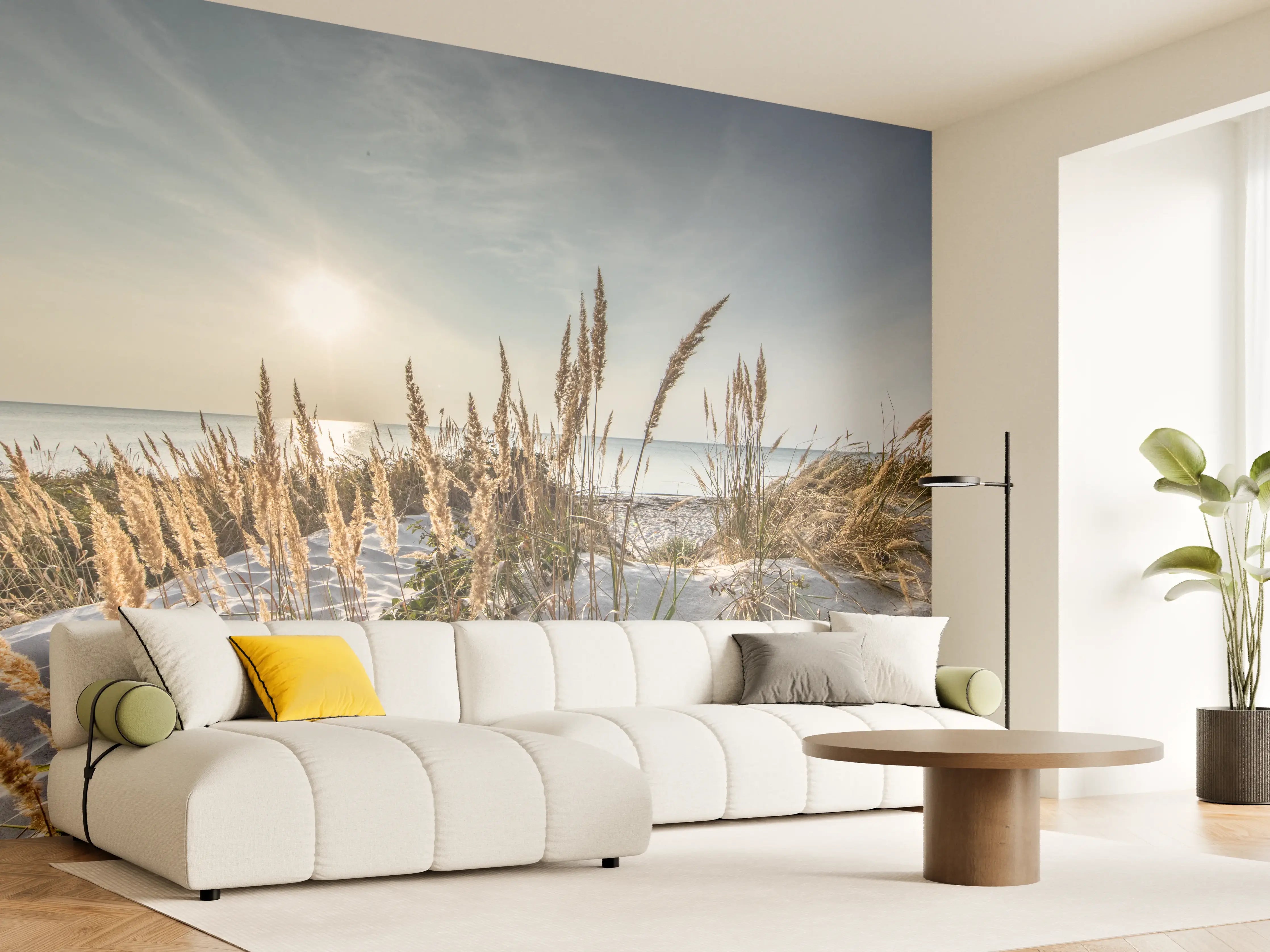 Wandverkleidung Wohnzimmer - Strand, Dünen und Sonnenaufgang in natürlicher Schönheit