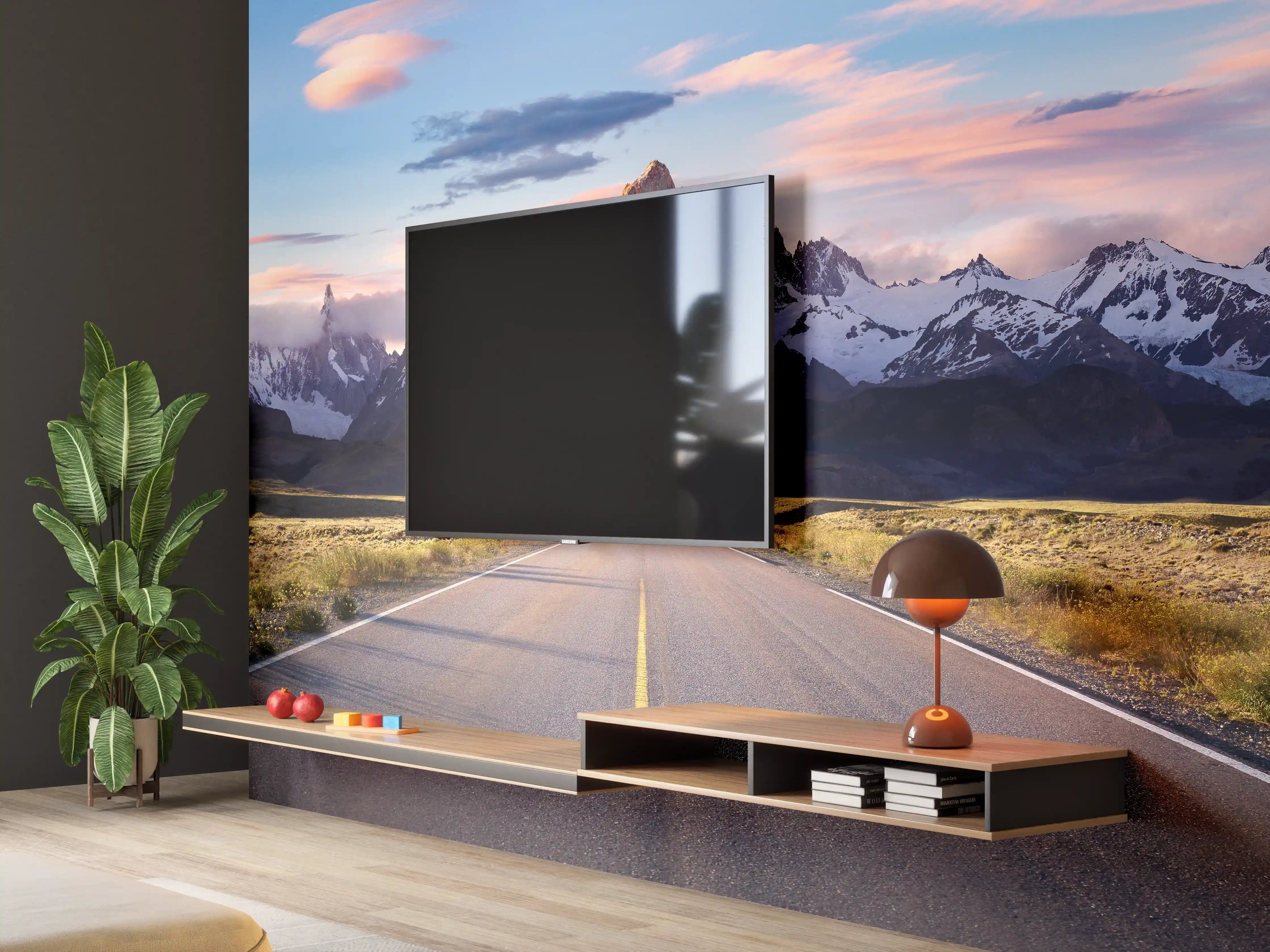 Wandverkleidung Wohnzimmer - Straße mit Blick auf Berge