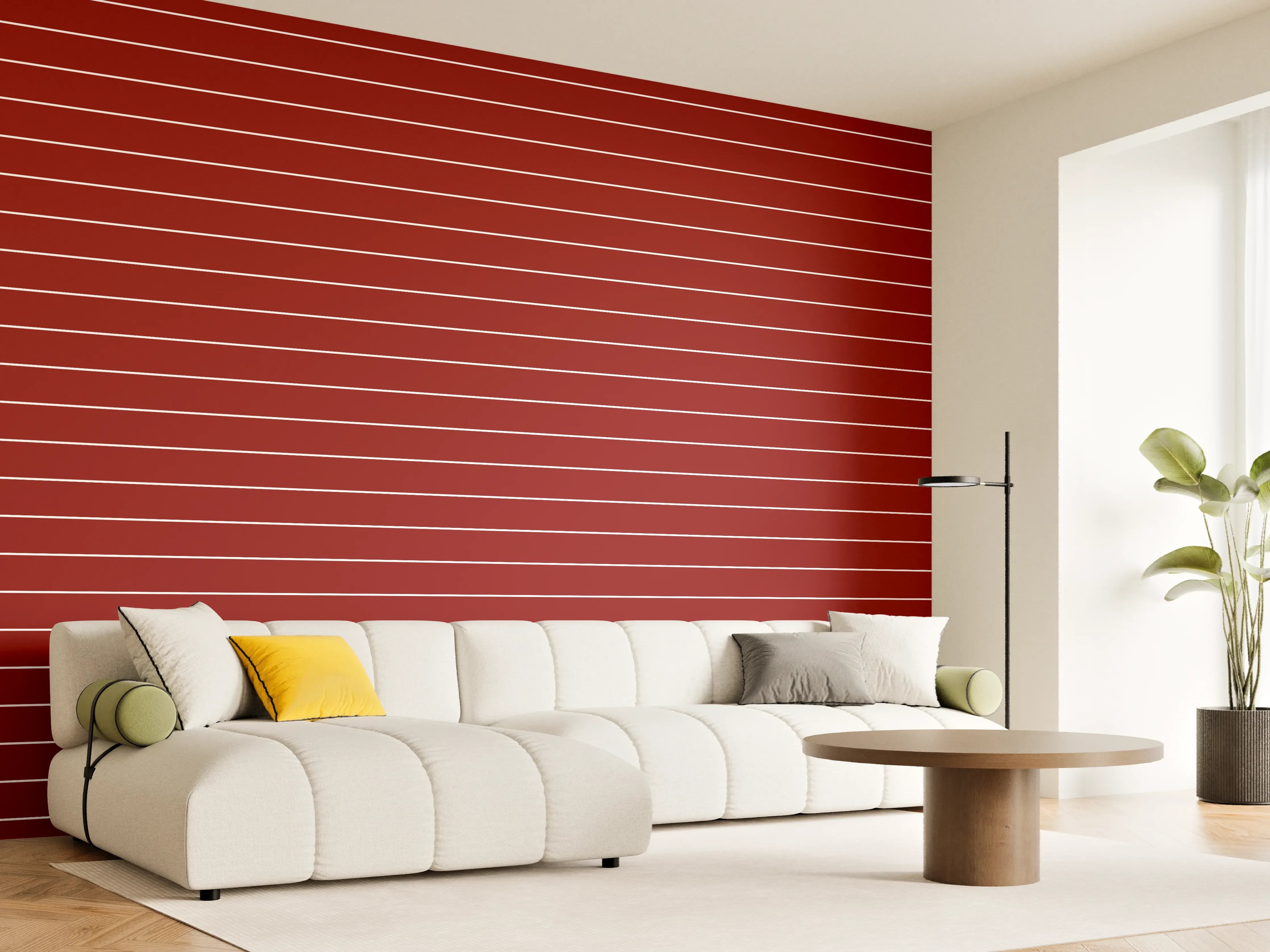 Wandverkleidung Wohnzimmer - Streifenmuster in Rot und Weiß
