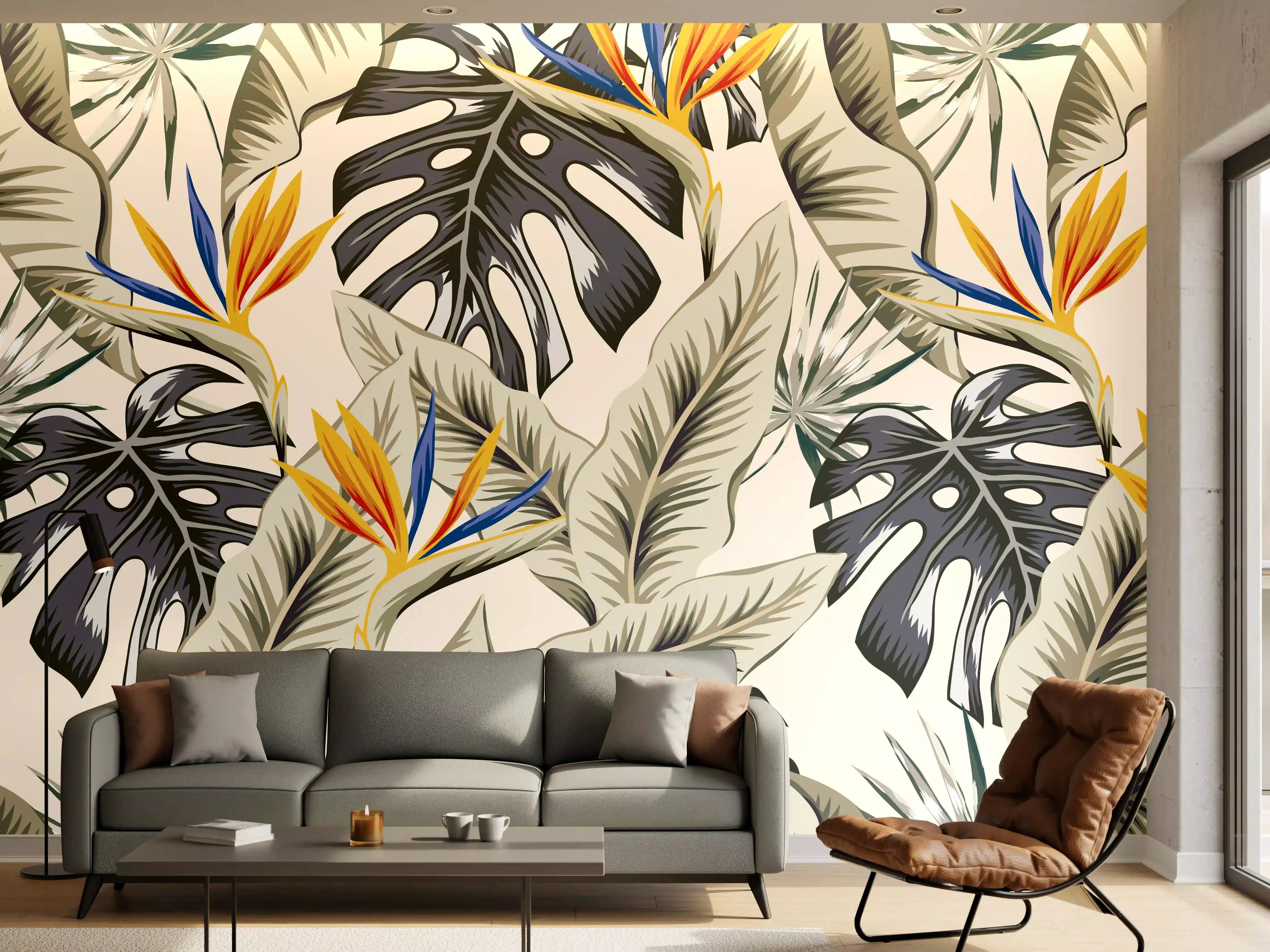 Wandverkleidung Wohnzimmer - Strelitzia Tropenblätter Beige-Orange