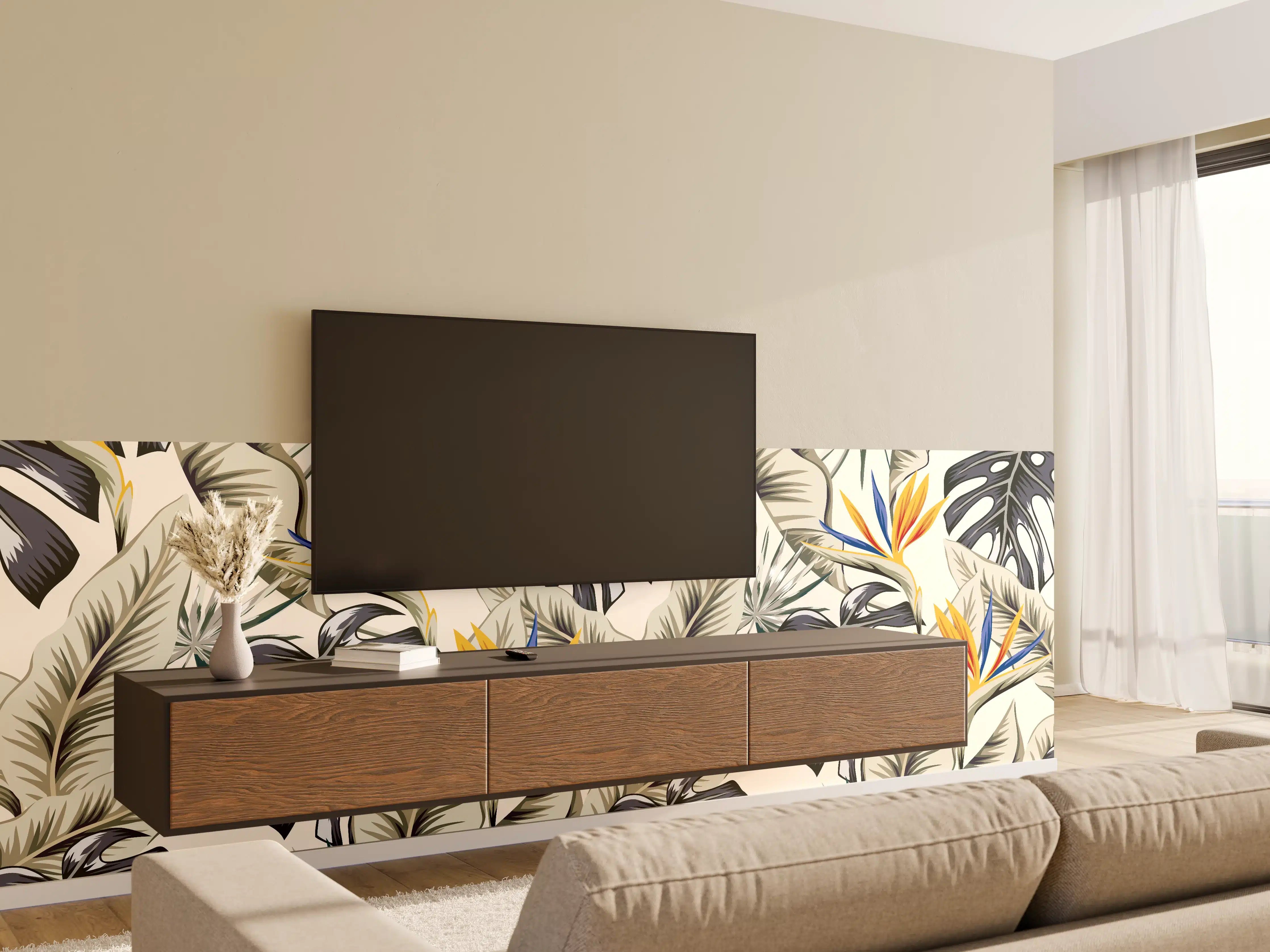 Wandverkleidung Wohnzimmer - Strelitzia Tropenblätter Beige-Orange