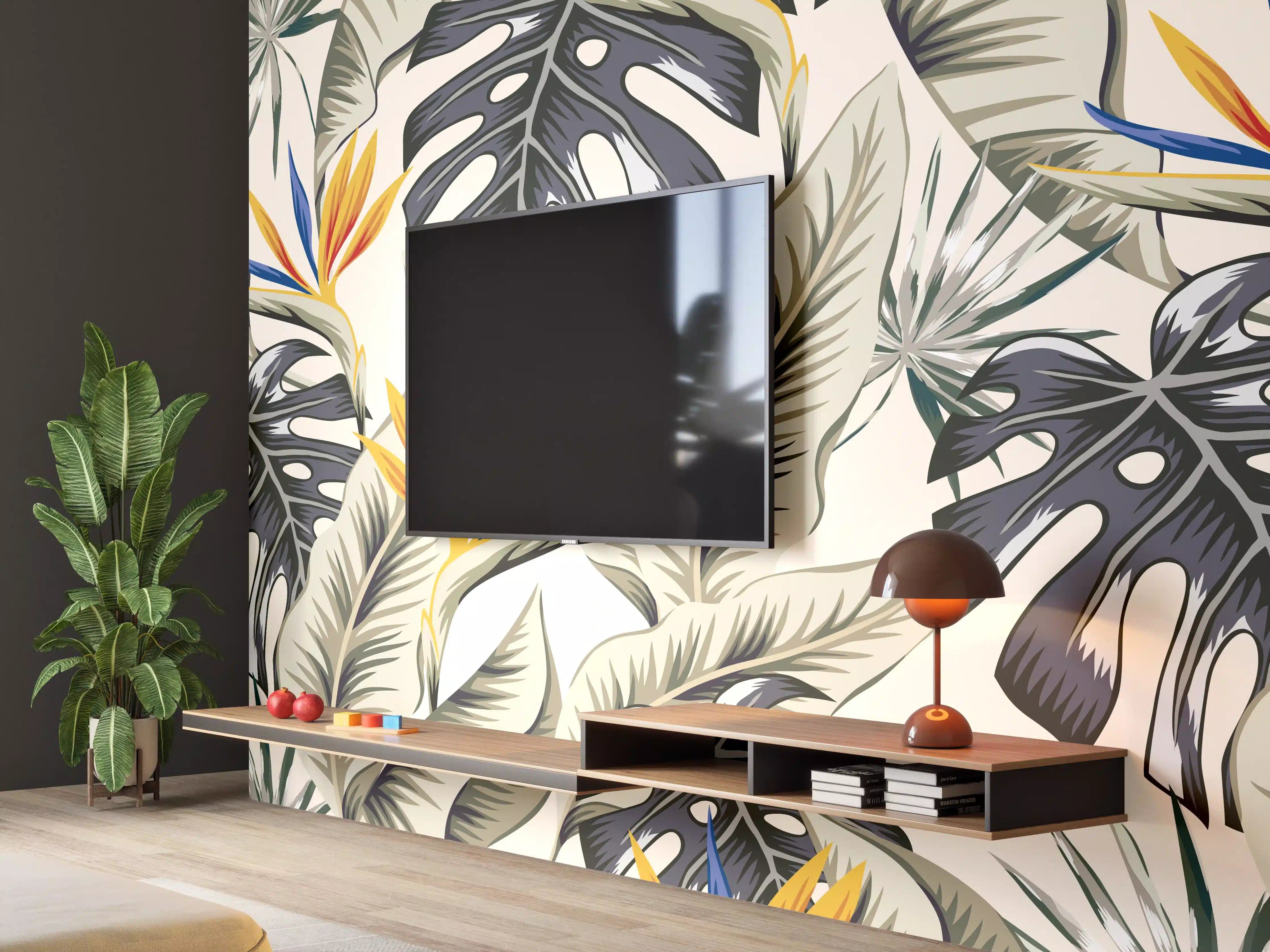 Wandverkleidung Wohnzimmer - Strelitzia Tropenblätter Beige-Orange