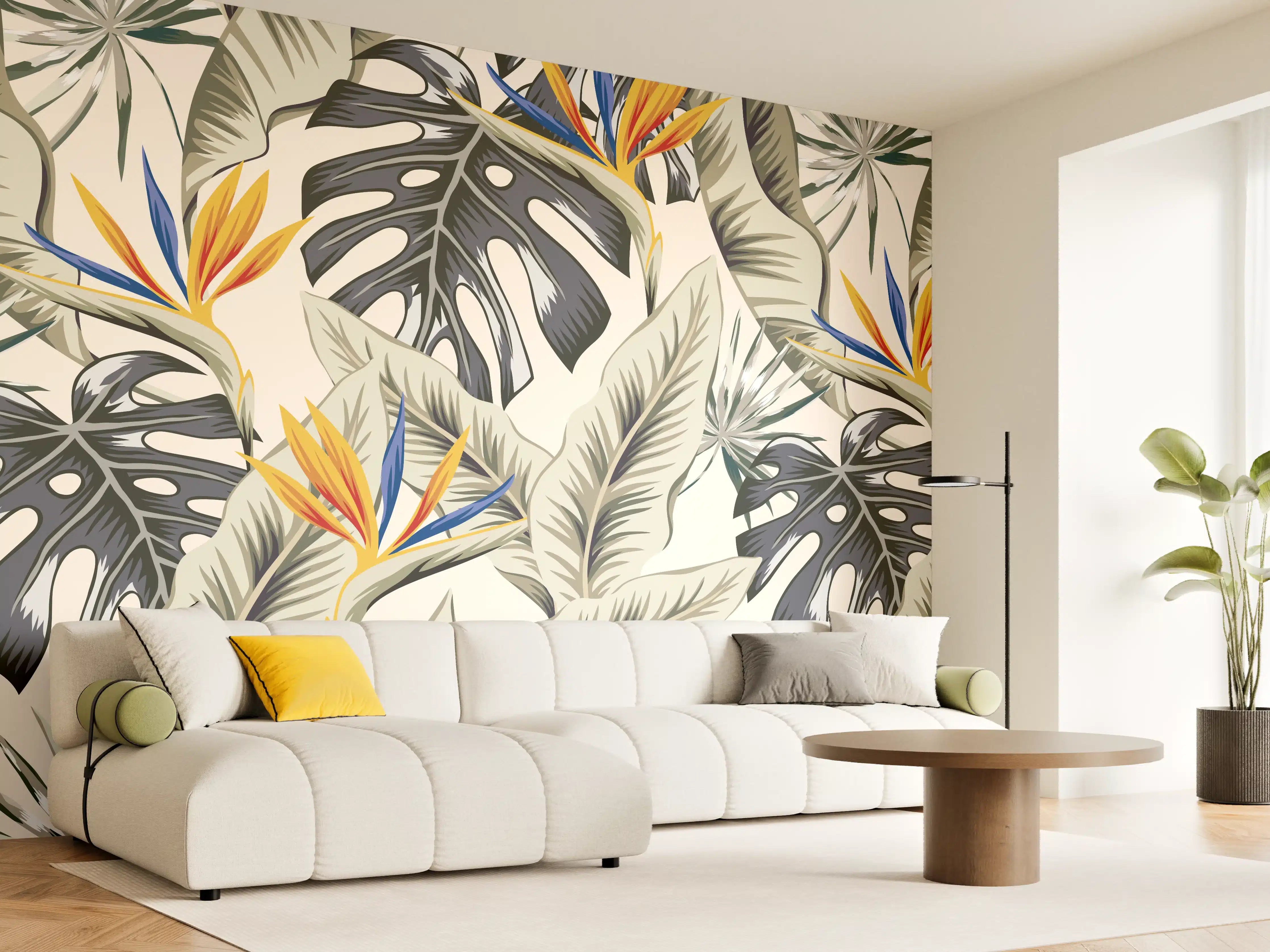 Wandverkleidung Wohnzimmer - Strelitzia Tropenblätter Beige-Orange