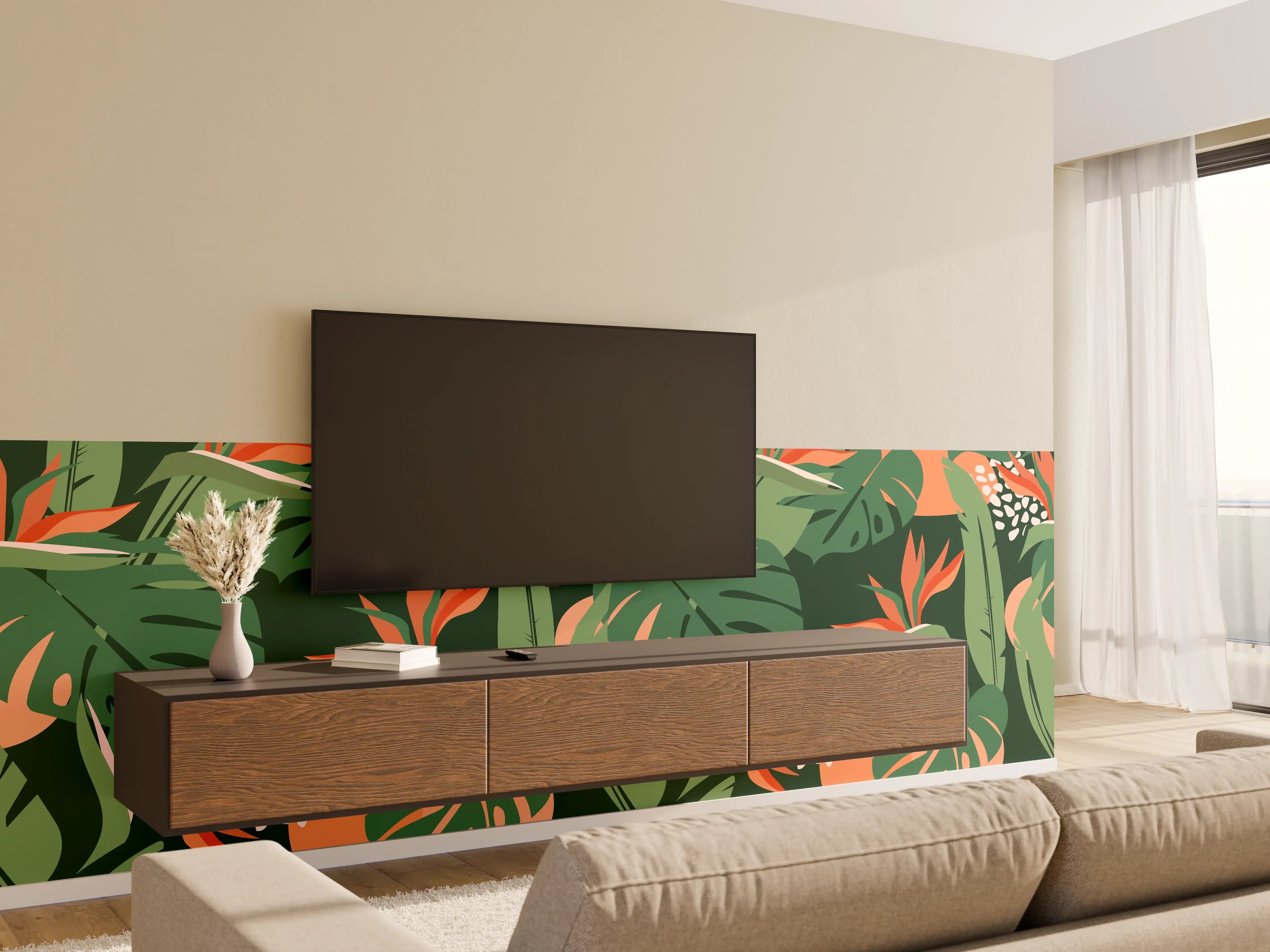 Wandverkleidung Wohnzimmer - Strelitzia Tropenblatt Grün-Orange