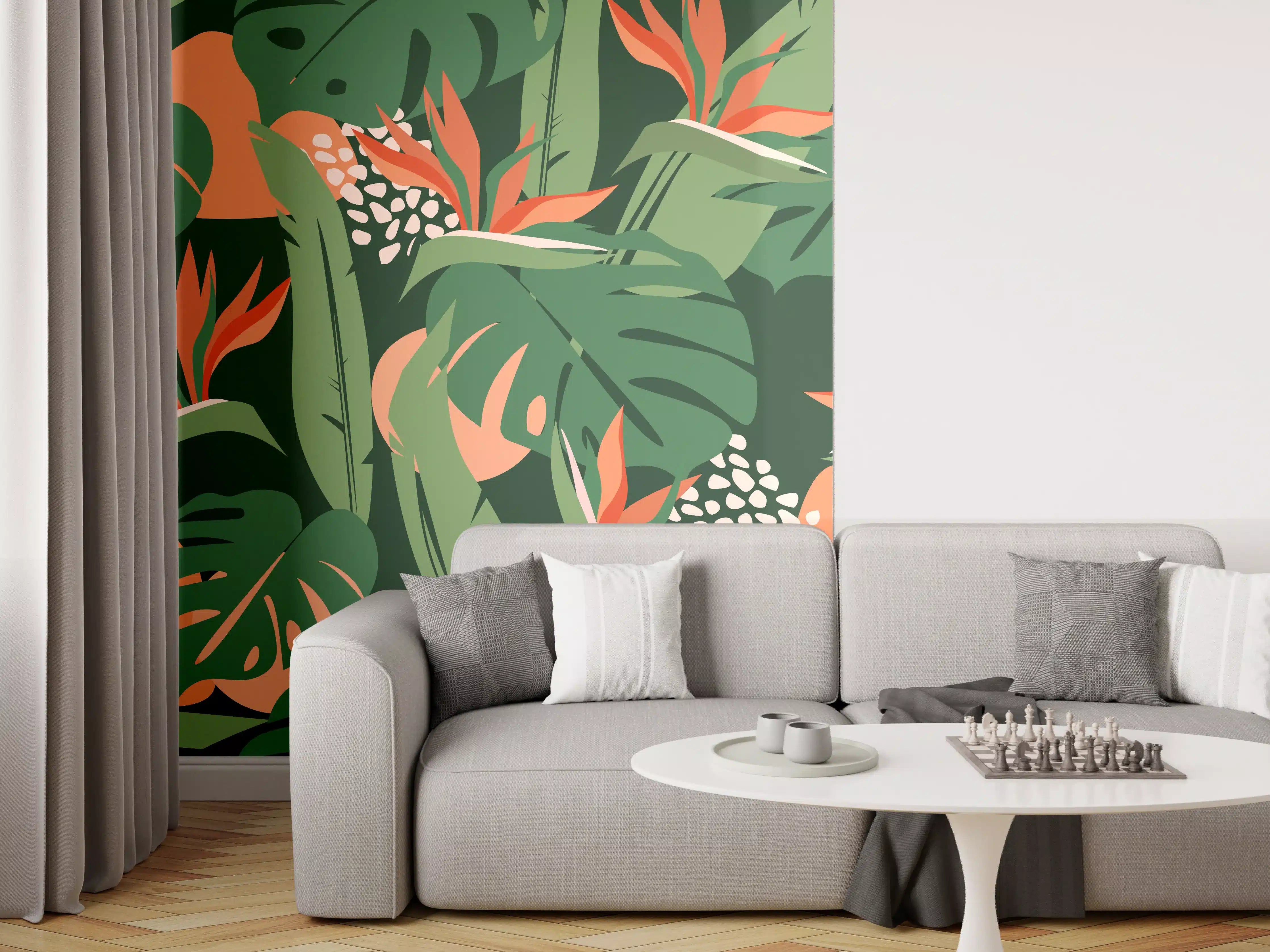 Wandverkleidung Wohnzimmer - Strelitzia Tropenblatt Grün-Orange