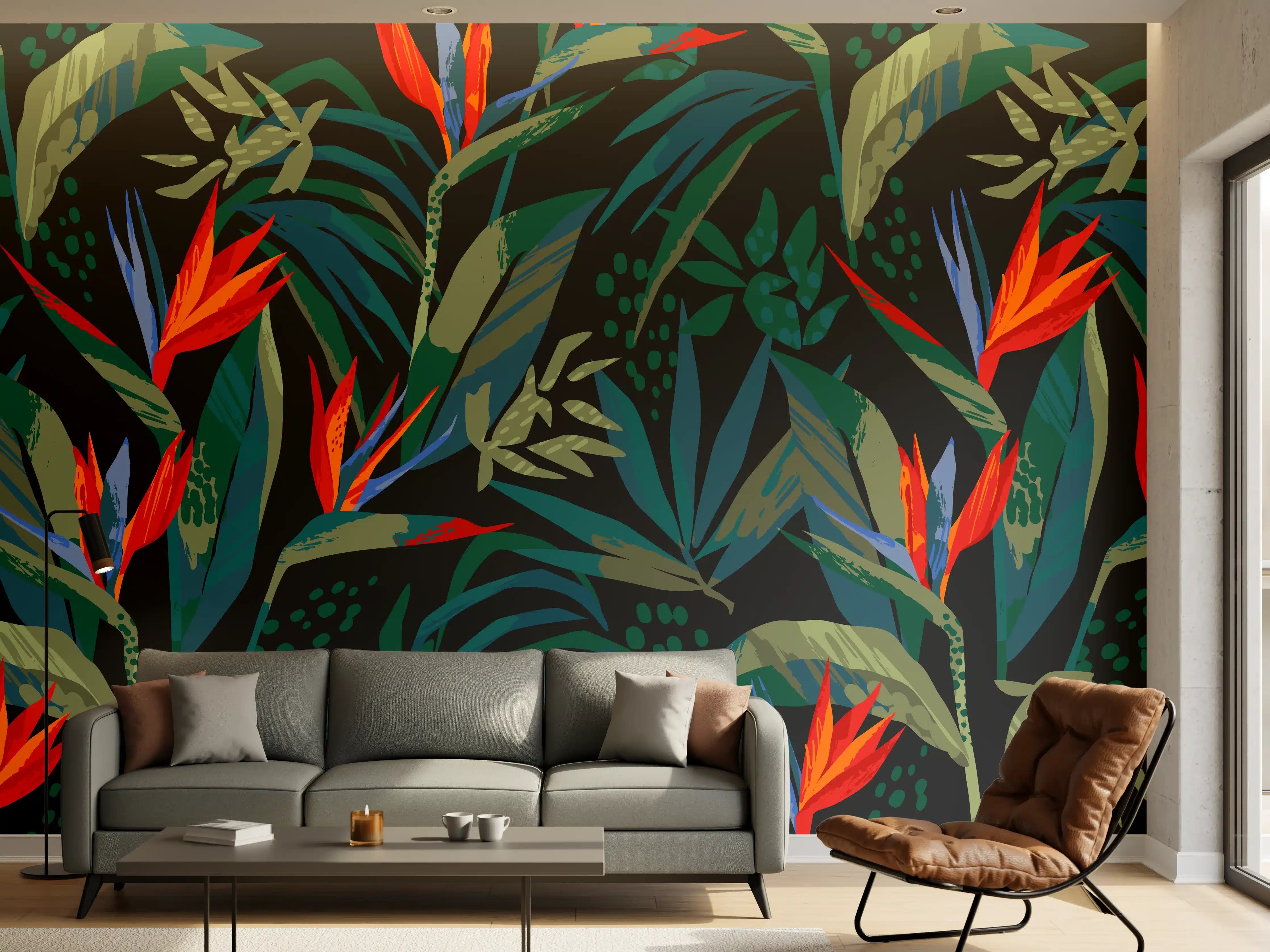 Wandverkleidung Wohnzimmer - Strelitzia Tropenwald-Motiv