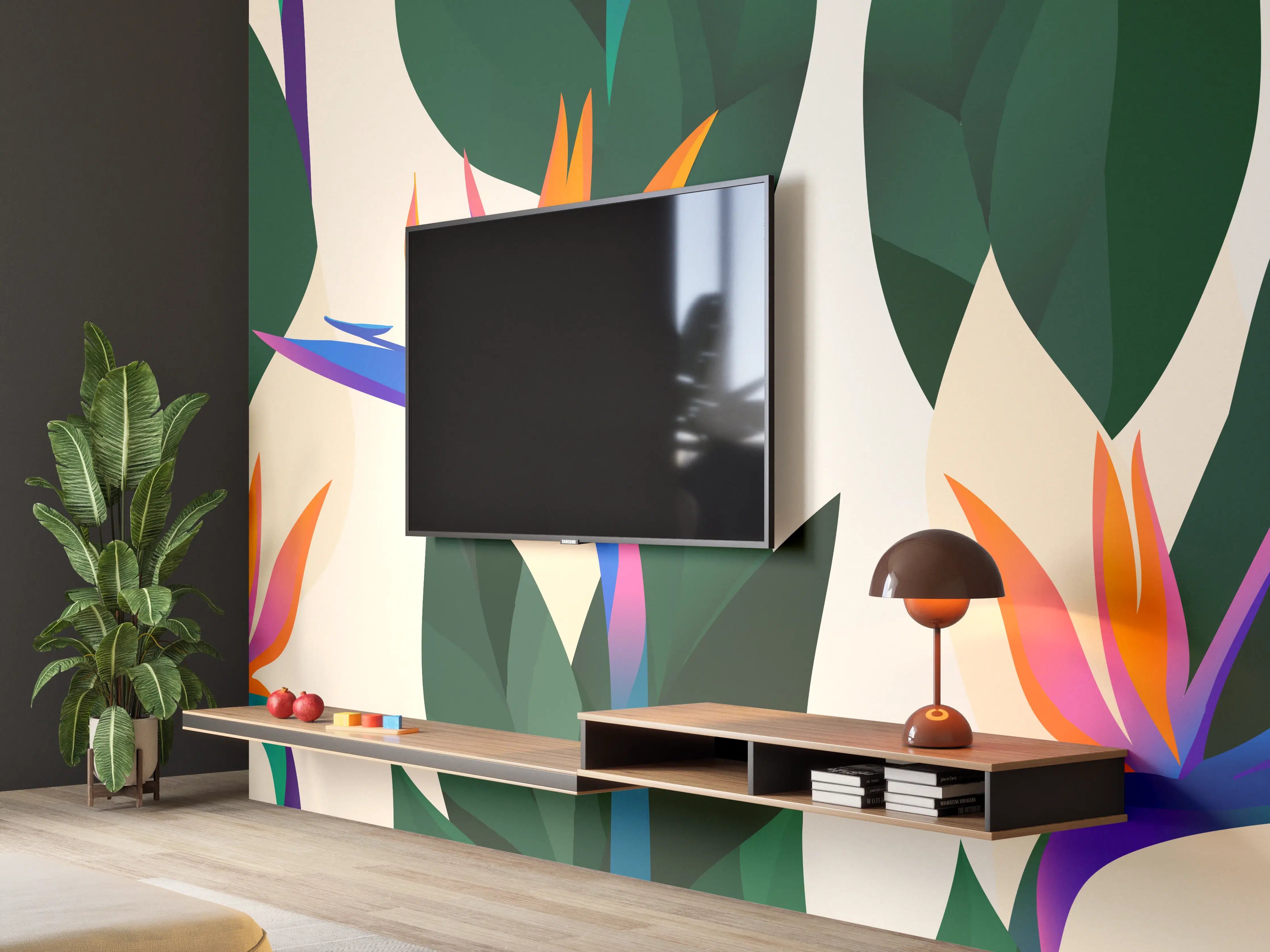 Wandverkleidung Wohnzimmer - Strelitzia Tropic Blumenmuster