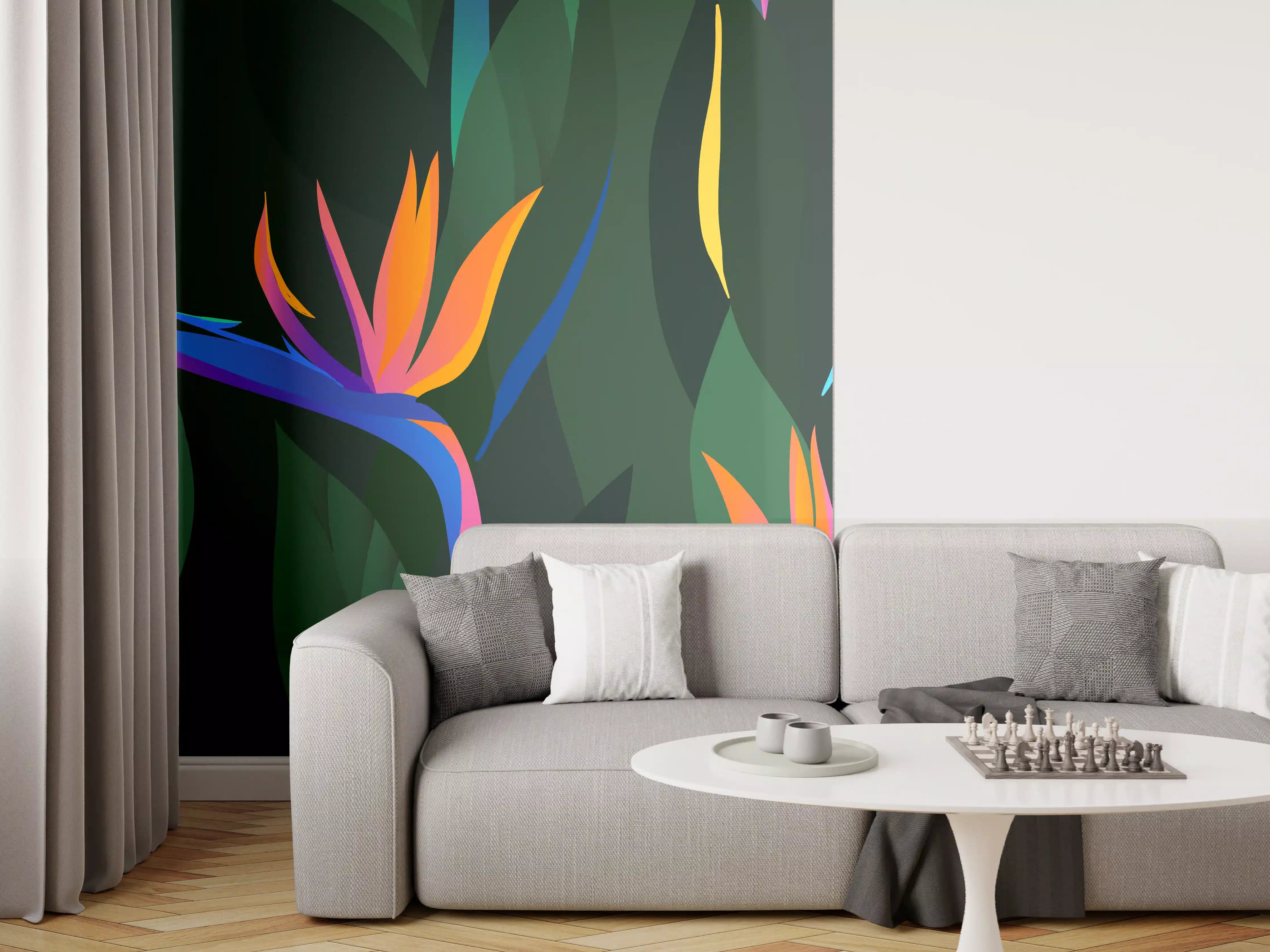 Wandverkleidung Wohnzimmer - Strelitzia Tropic Grün-Orange