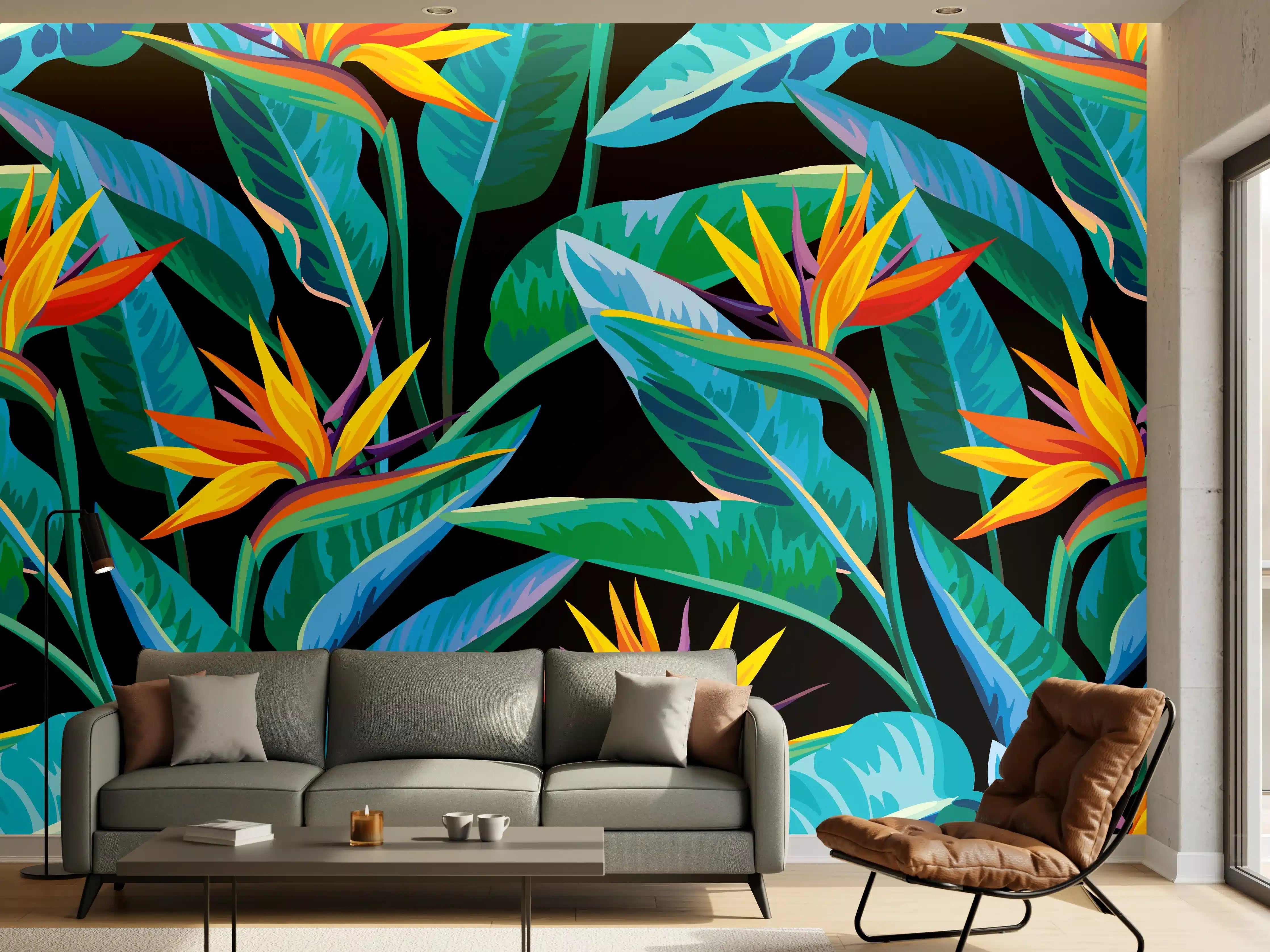 Wandverkleidung Wohnzimmer - Strelitzia Tropic Schwarz-Exotik