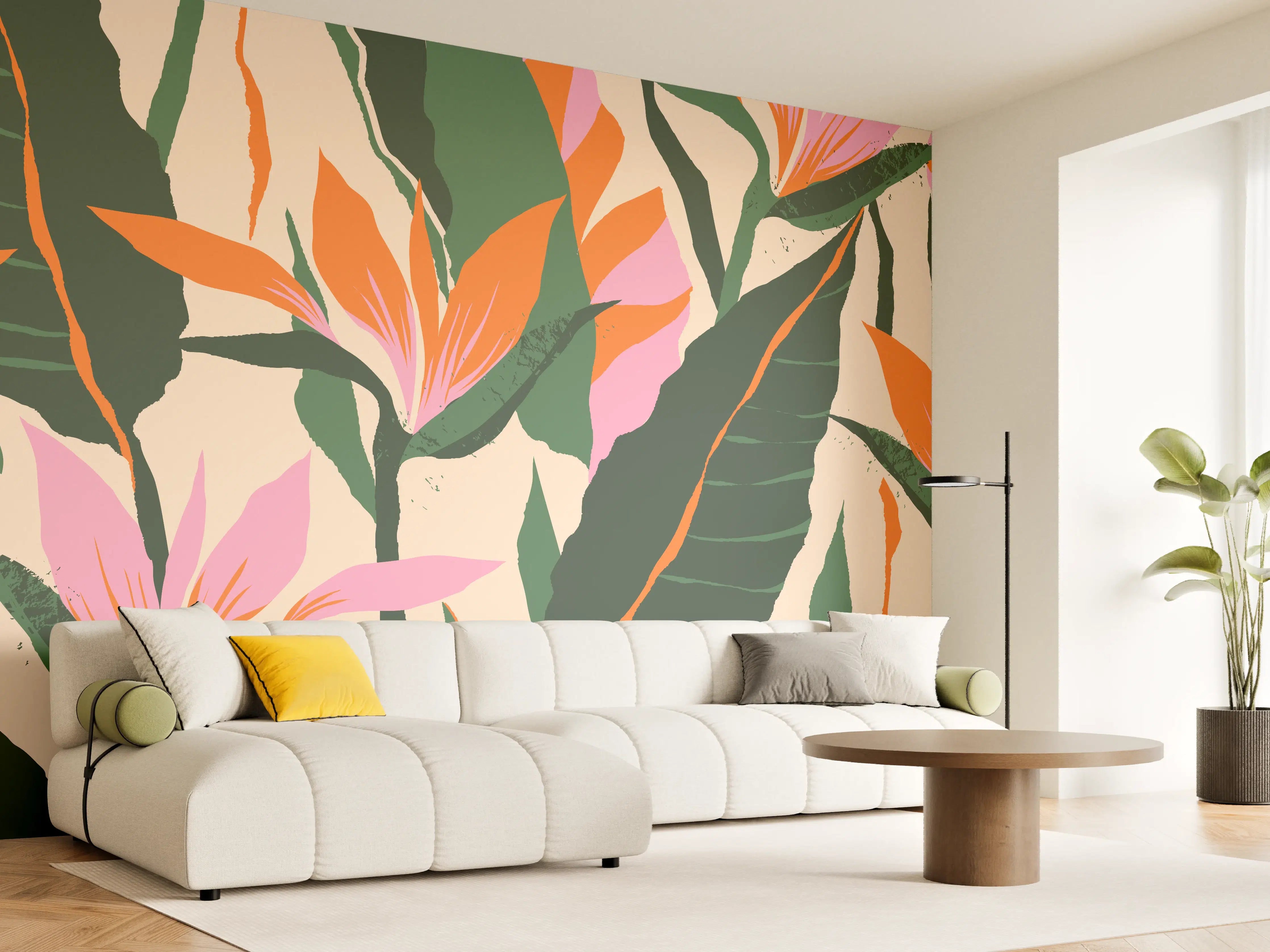 Wandverkleidung Wohnzimmer - Strelitzia Tropische Blütenornamente