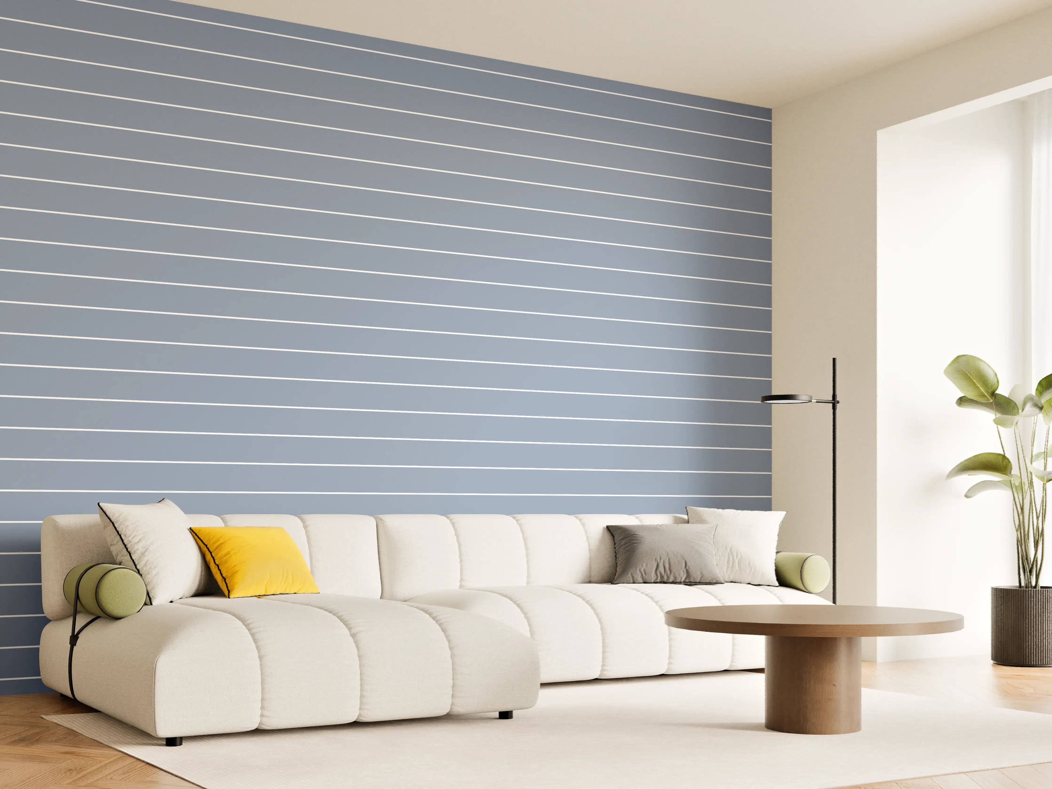 Wandverkleidung Wohnzimmer - Strukturierte Linien in Blau und Grau