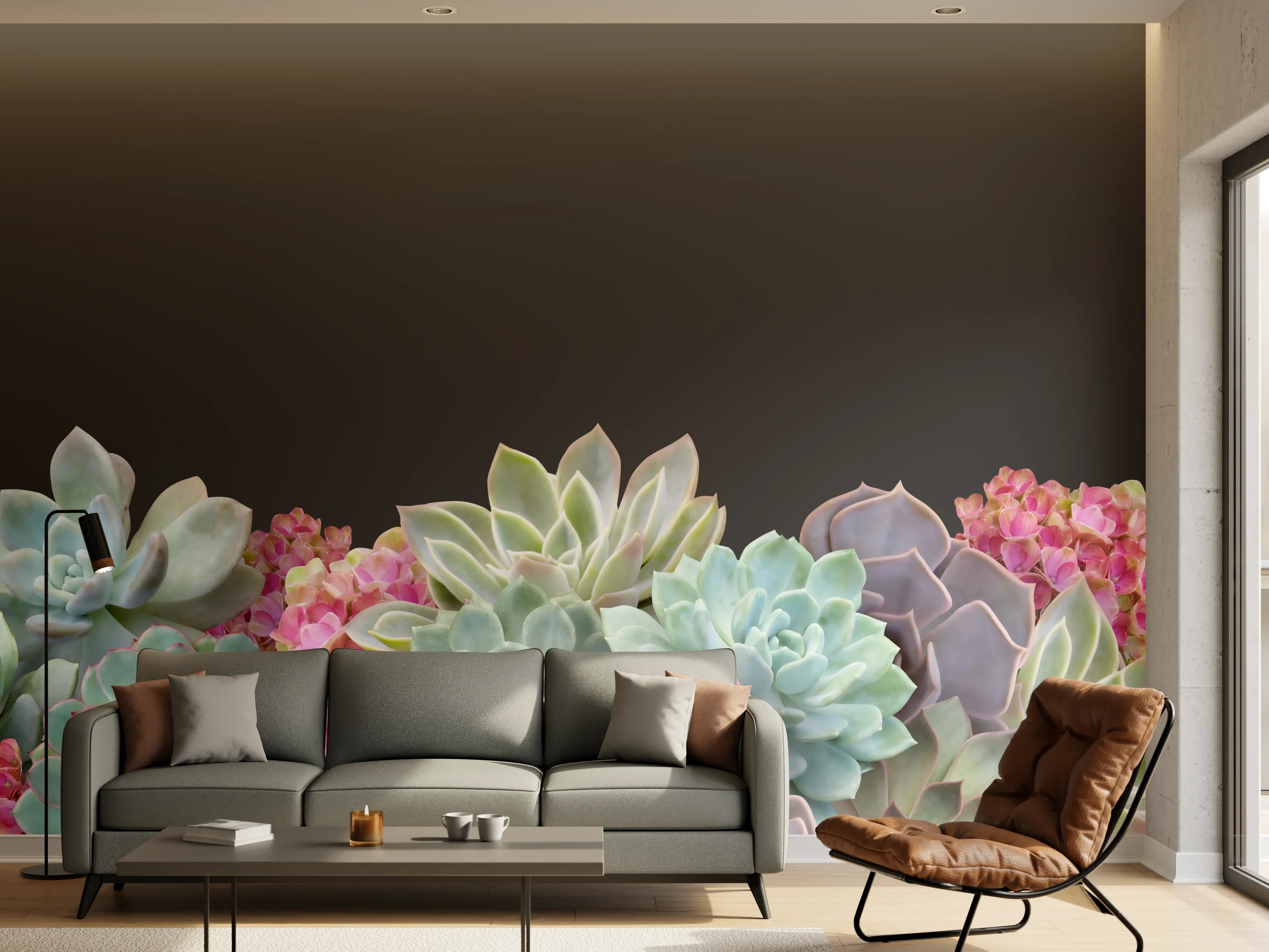 Wandverkleidung Wohnzimmer - Sukkulente Blumen - Bunt