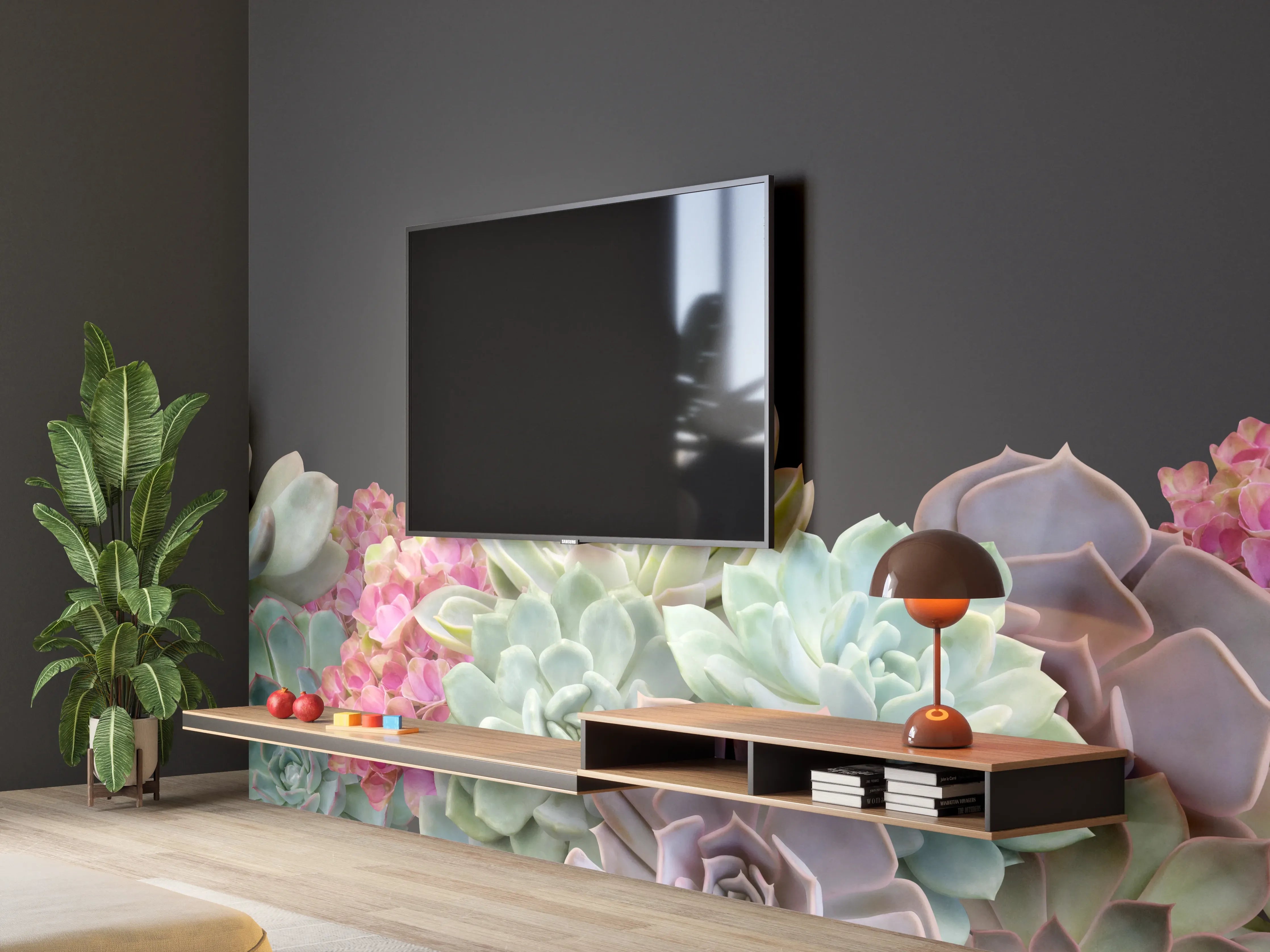 Wandverkleidung Wohnzimmer - Sukkulente Blumen - Bunt