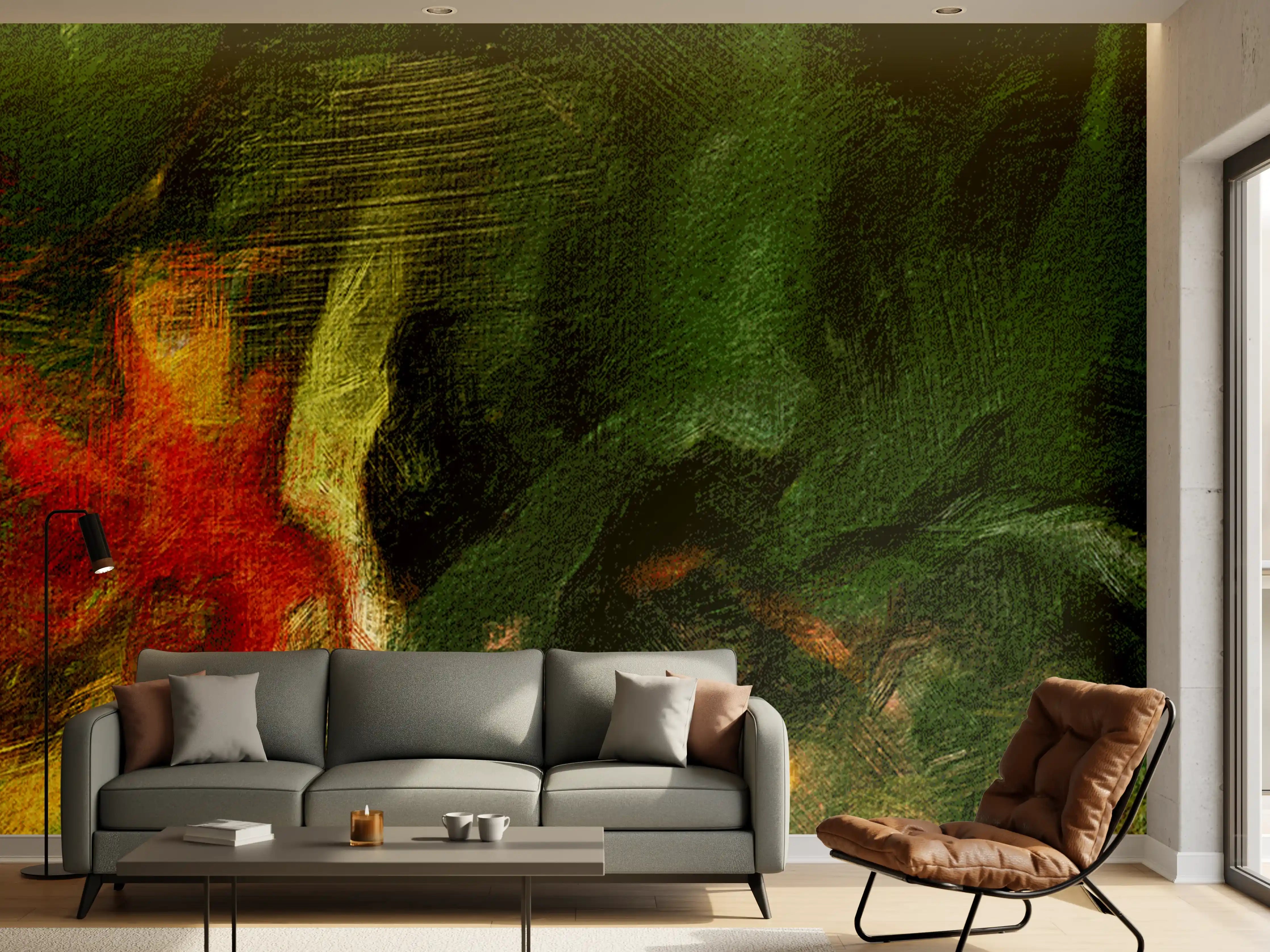 Wandverkleidung Wohnzimmer - Surreale Grüntöne Öltextur