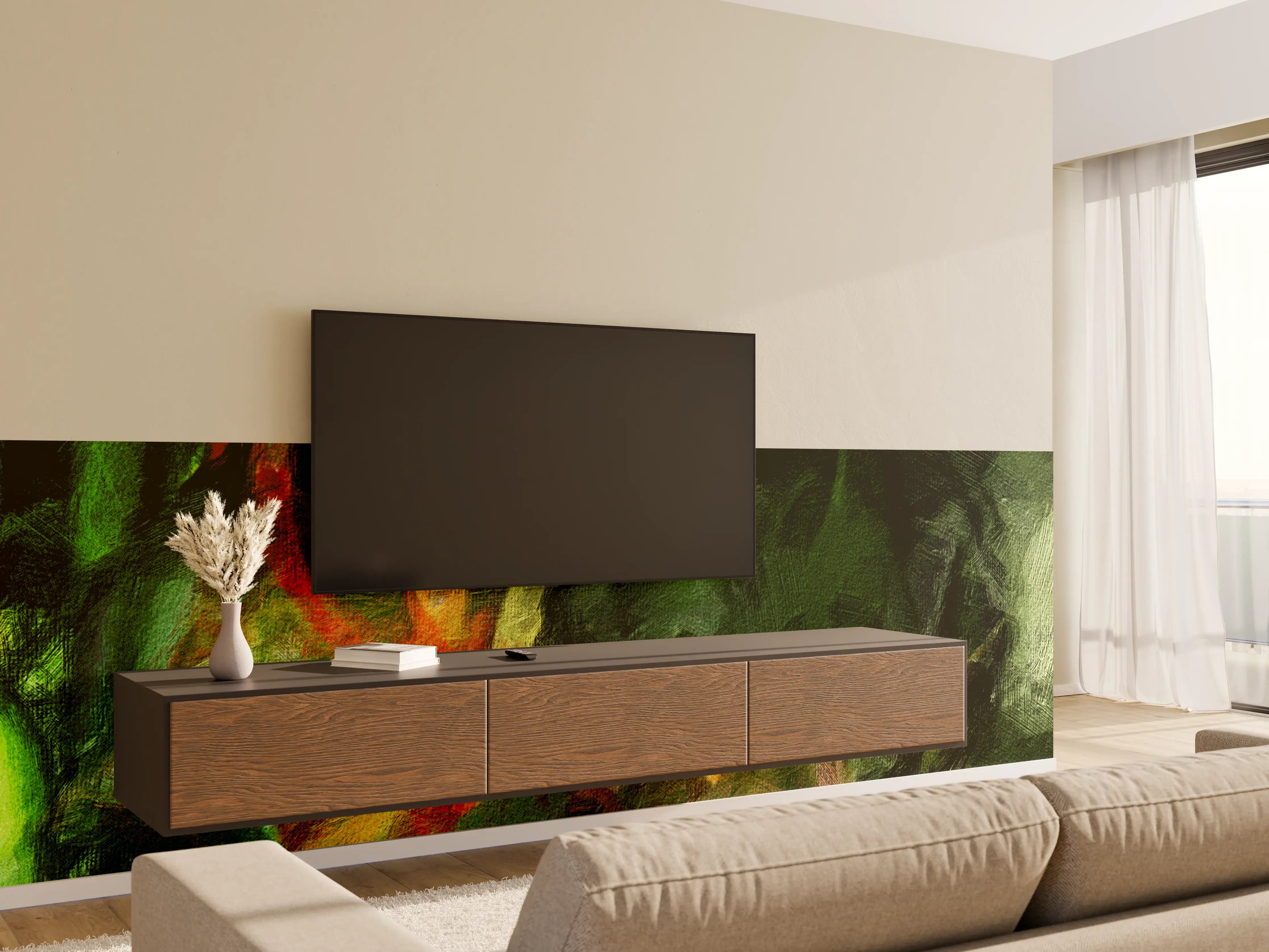 Wandverkleidung Wohnzimmer - Surreale Grüntöne Öltextur