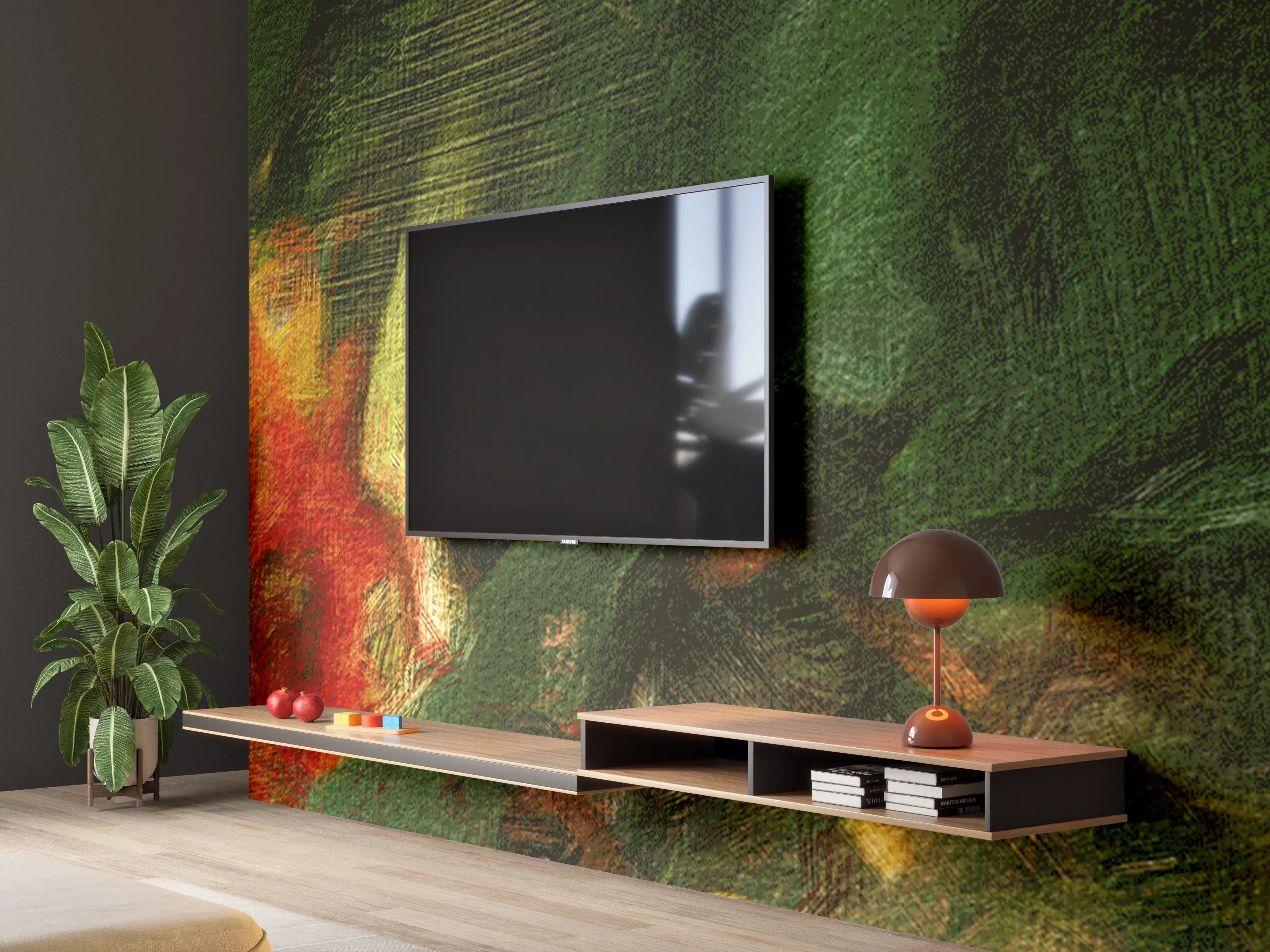 Wandverkleidung Wohnzimmer - Surreale Grüntöne Öltextur