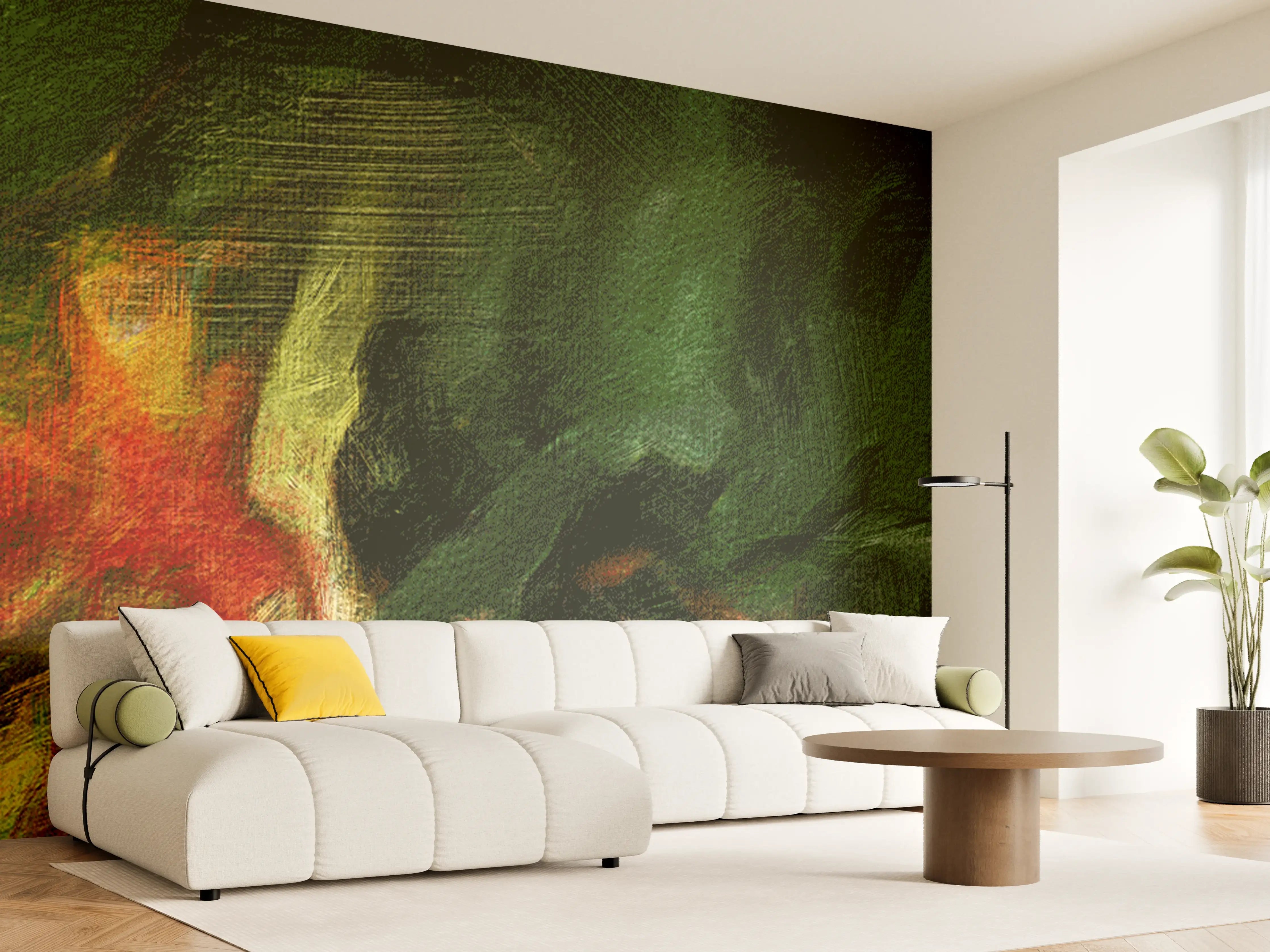Wandverkleidung Wohnzimmer - Surreale Grüntöne Öltextur