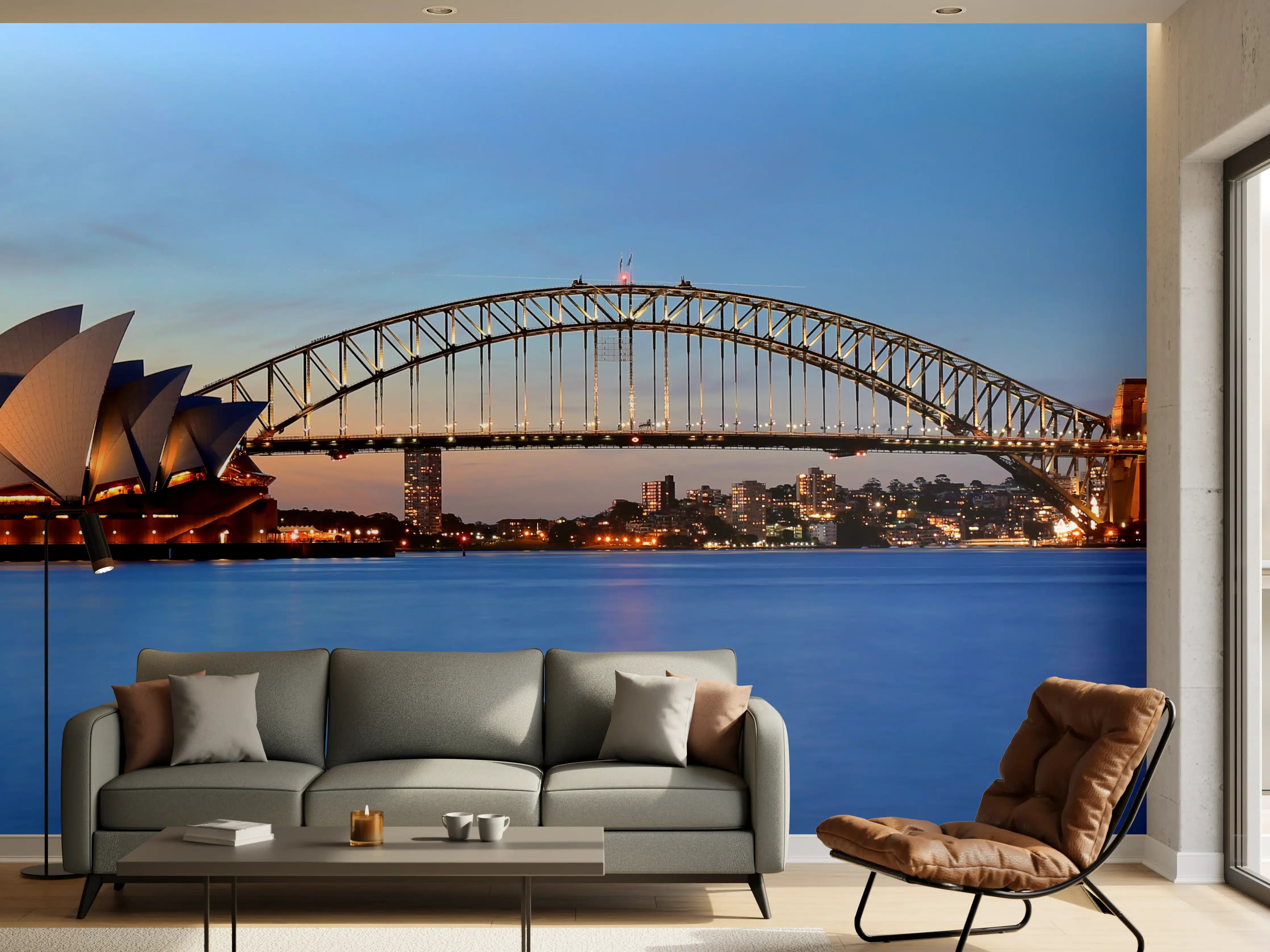 Wandverkleidung Wohnzimmer - Sydney Opernhaus und Harbour Bridge bei Sonnenuntergang