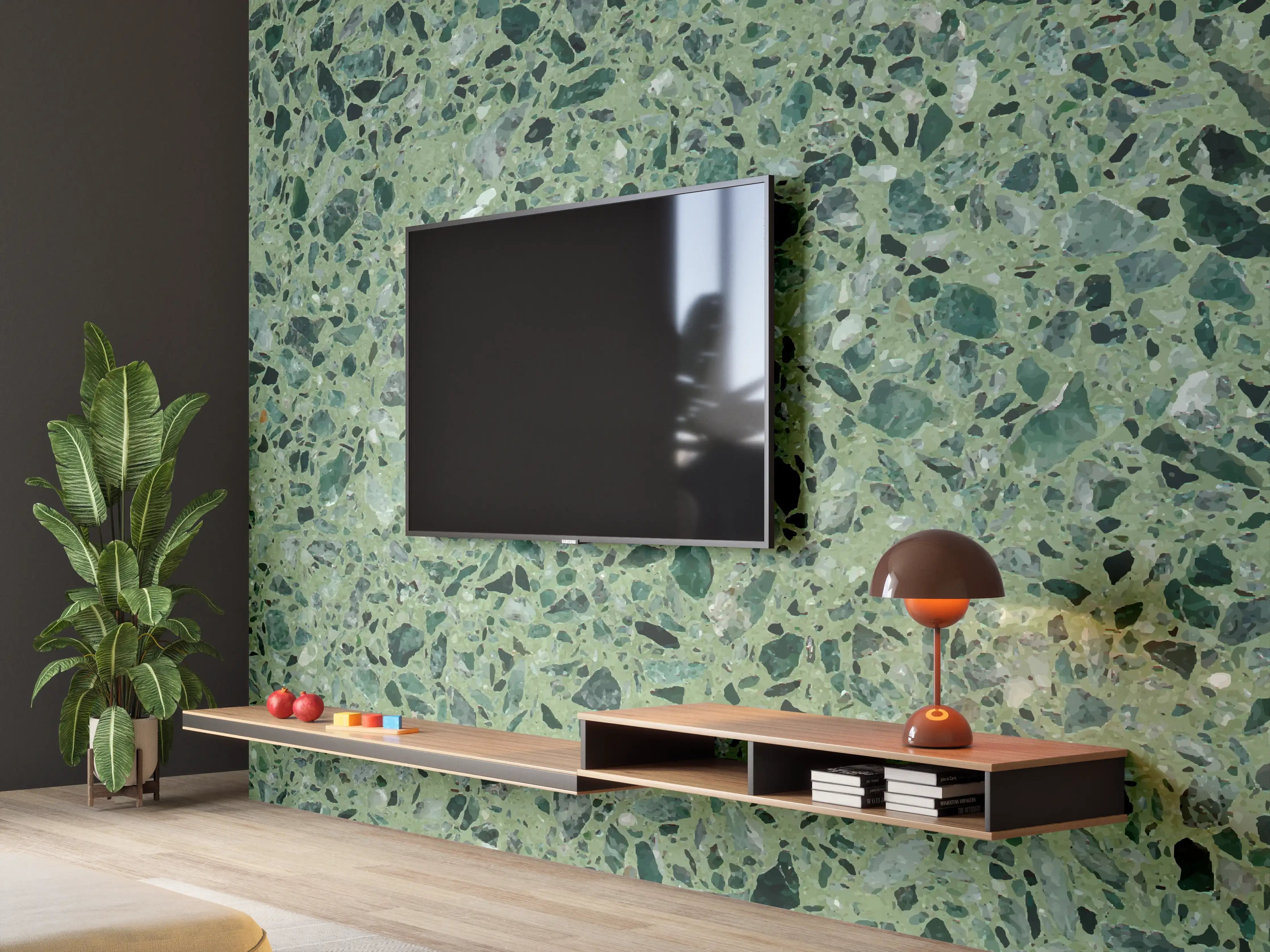 Wandverkleidung Wohnzimmer - Terrazzo Textur auf türkisem Hintergrund