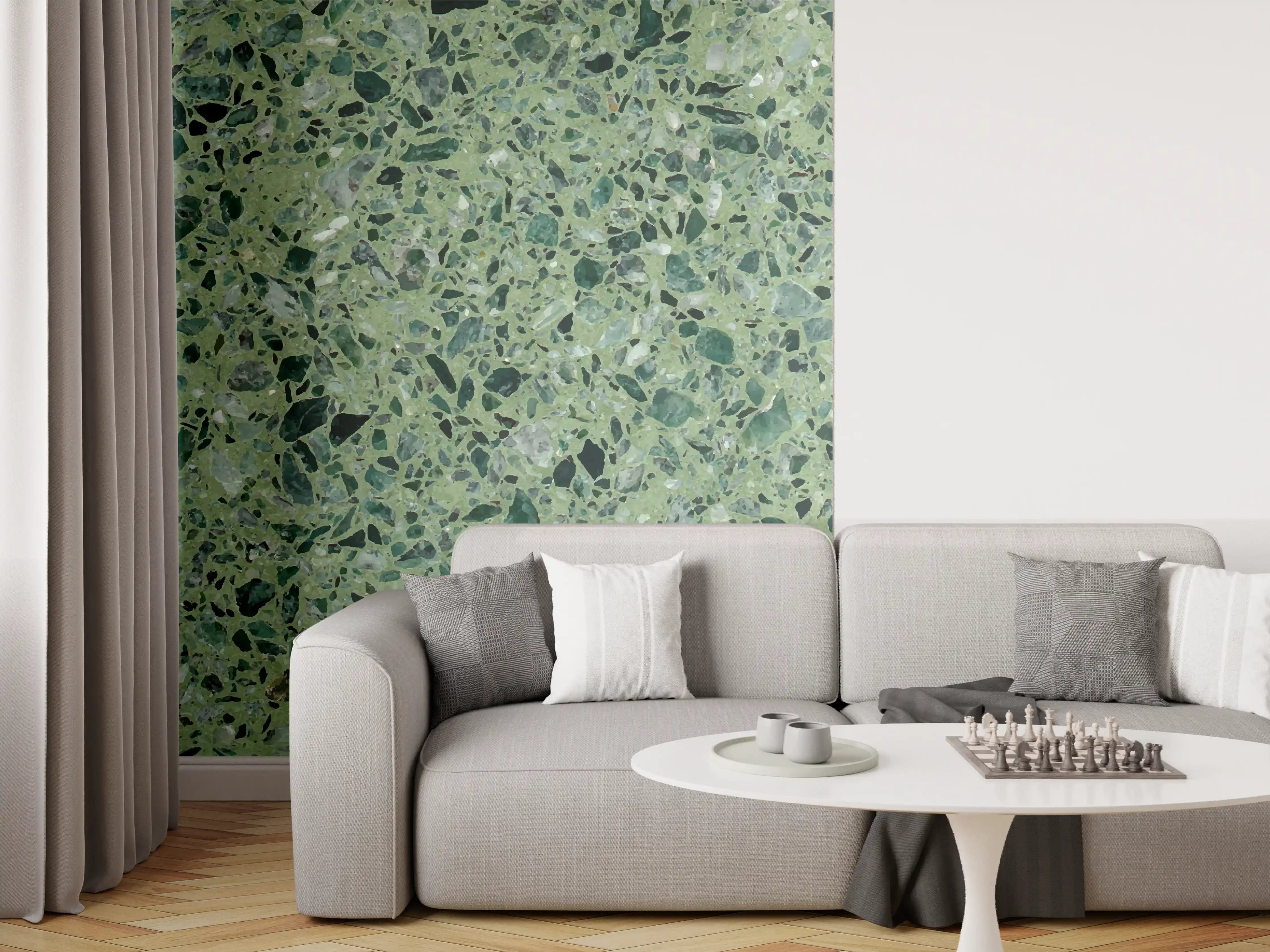 Wandverkleidung Wohnzimmer - Terrazzo Textur auf türkisem Hintergrund