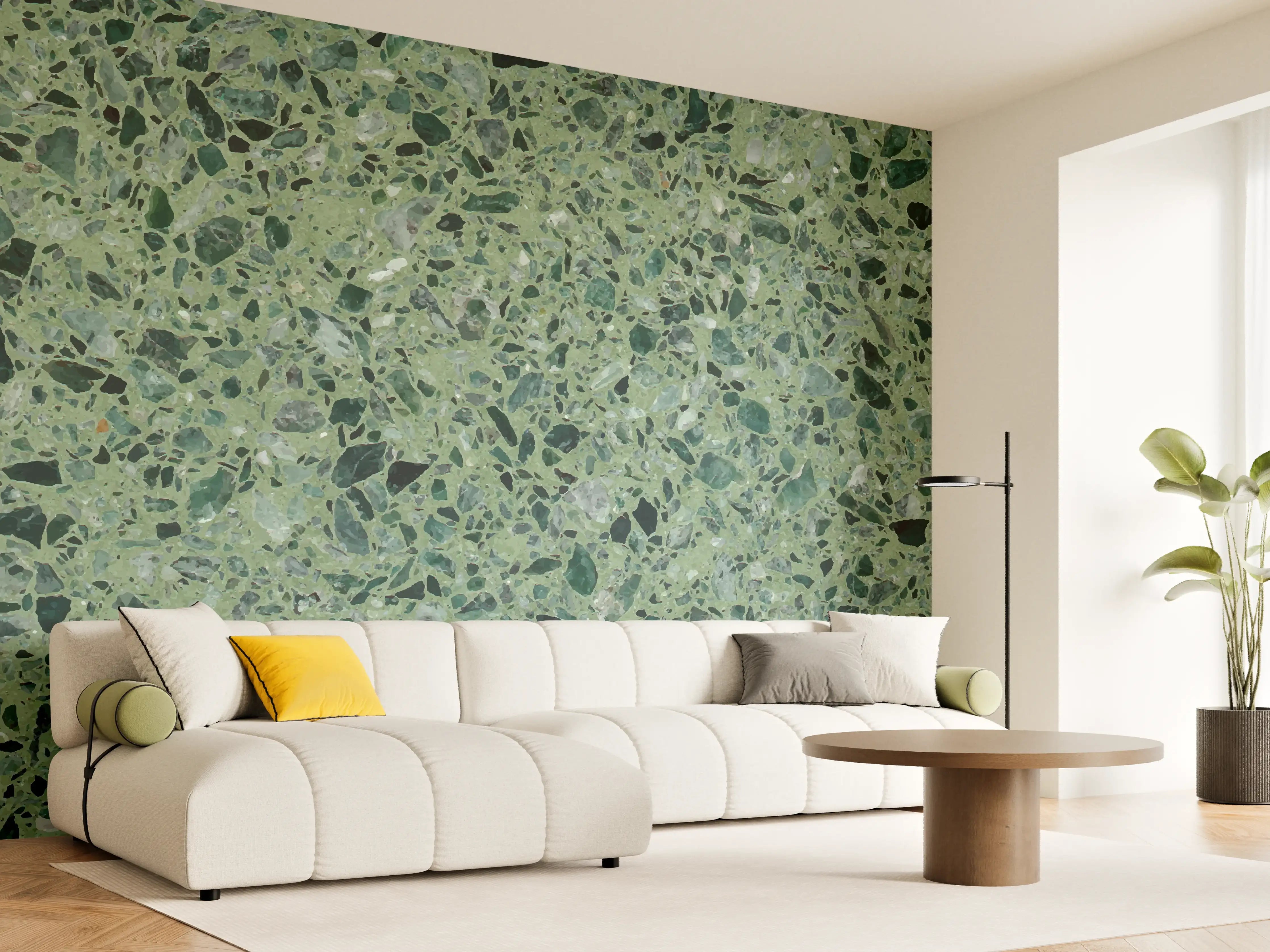 Wandverkleidung Wohnzimmer - Terrazzo Textur auf türkisem Hintergrund