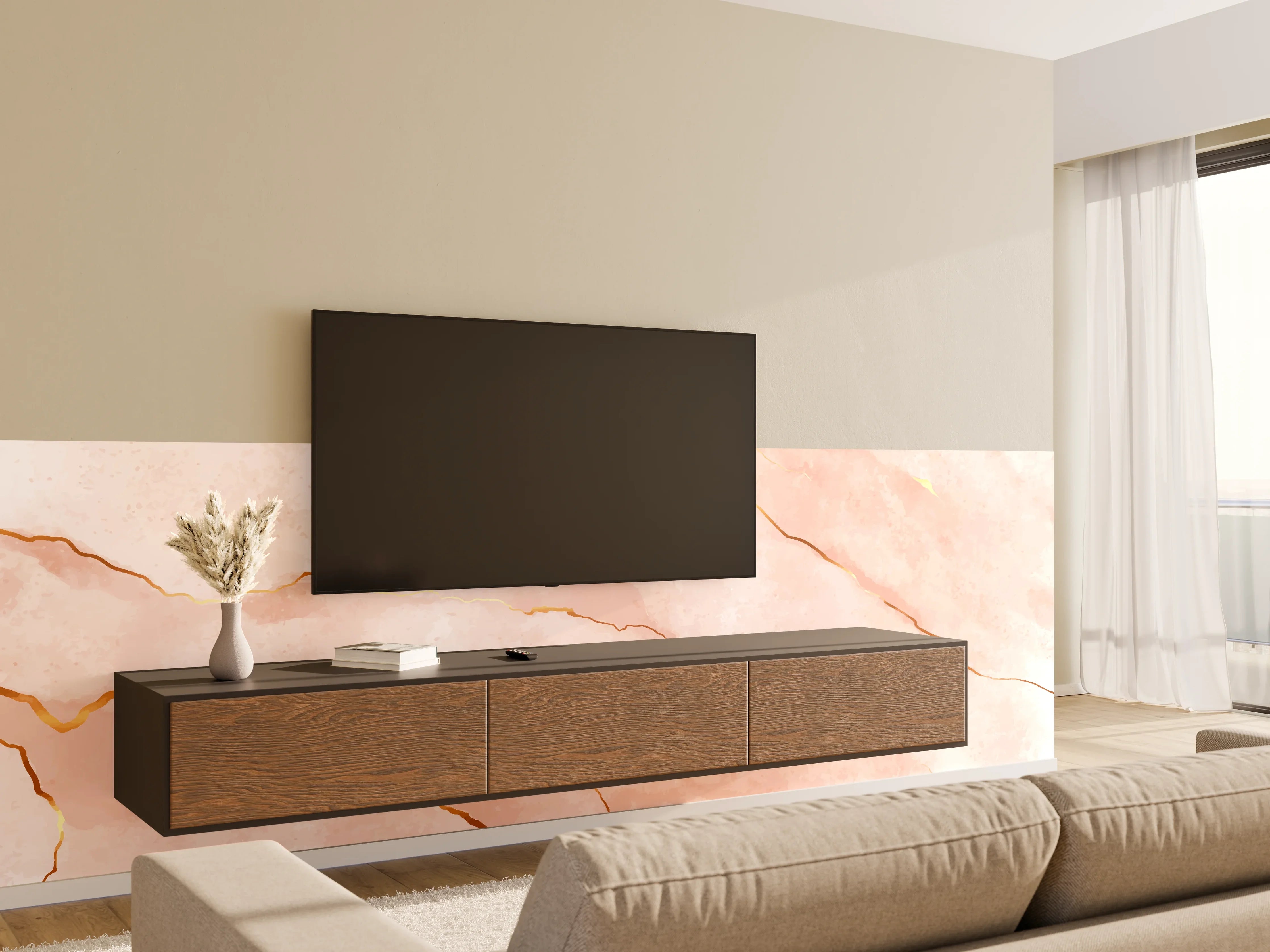 Wandverkleidung Wohnzimmer - Textur in Roségold - Marmor