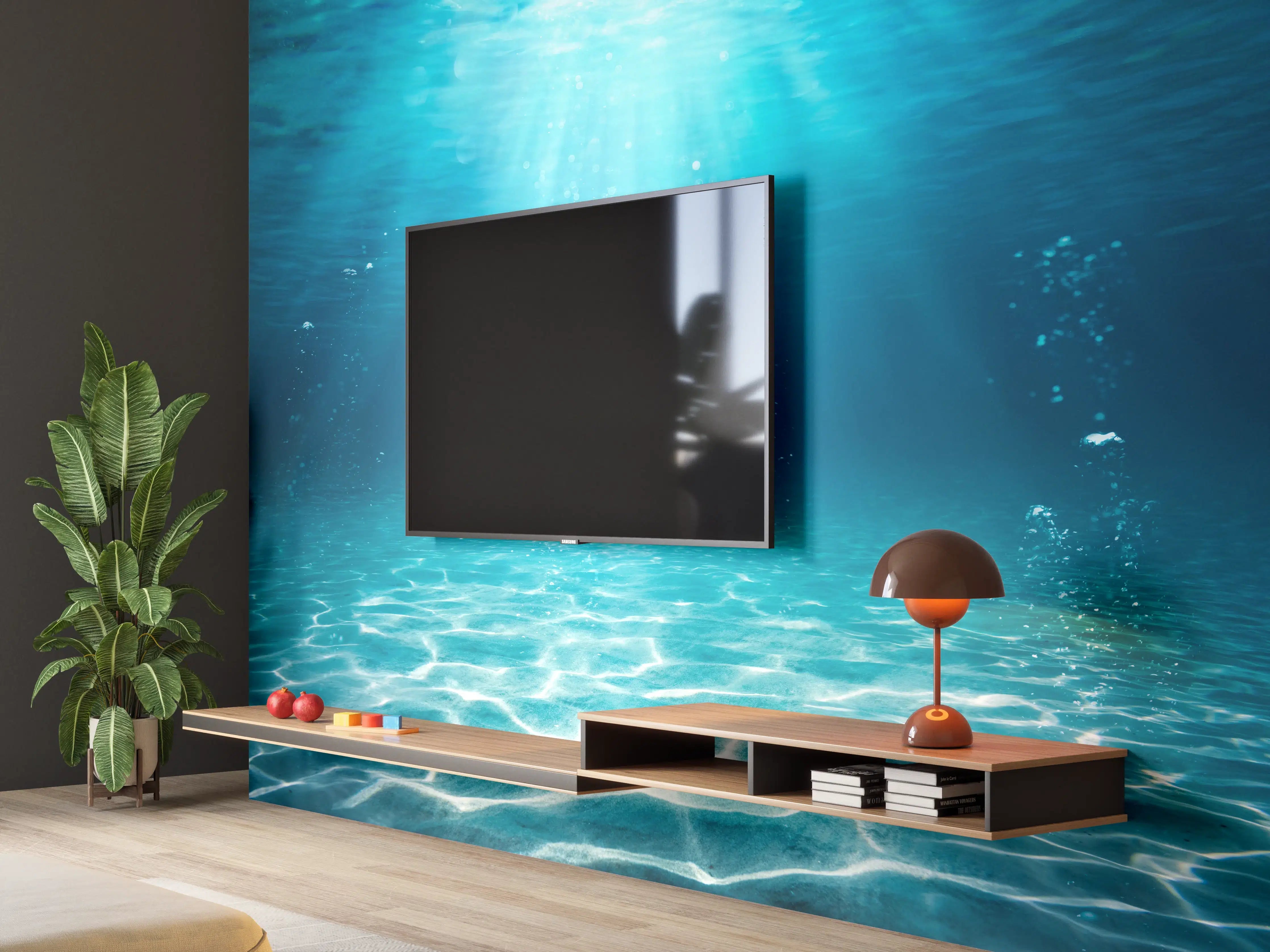 Wandverkleidung Wohnzimmer - Tiefsee-Ozeanlandschaft mit Sonnenstrahlen