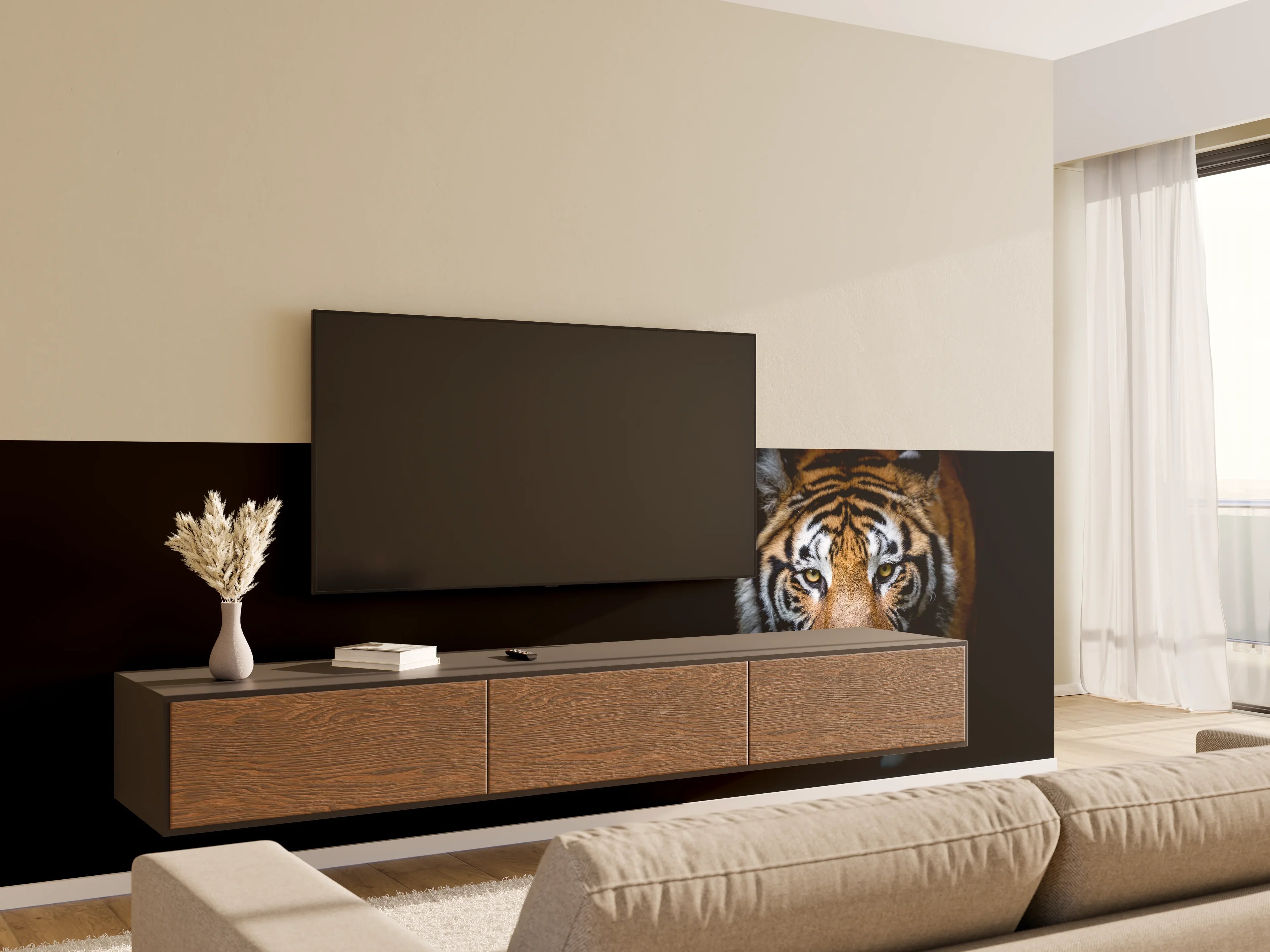 Wandverkleidung Wohnzimmer - Tiger auf schwarzem Hintergrund