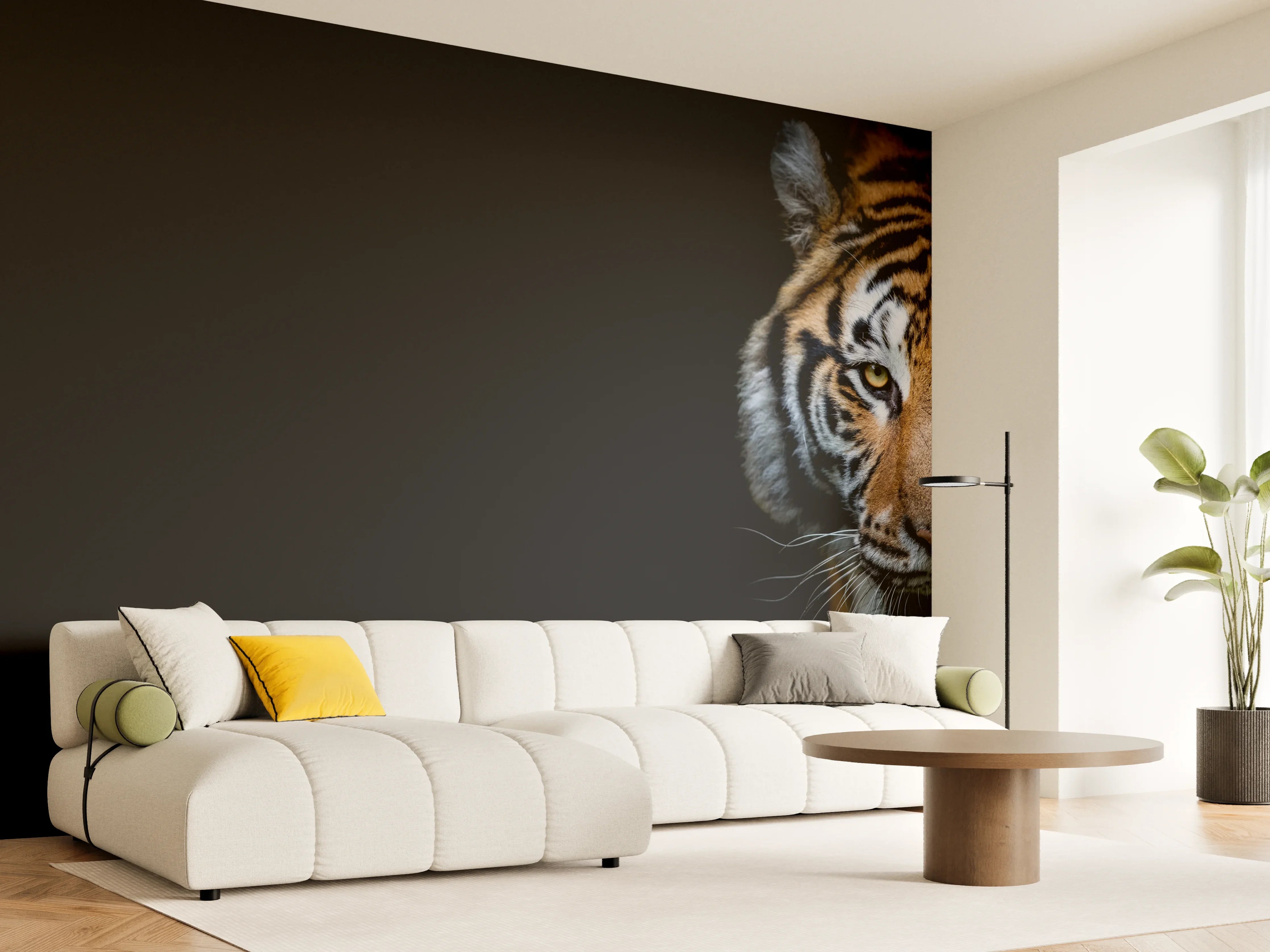 Wandverkleidung Wohnzimmer - Tiger auf schwarzem Hintergrund