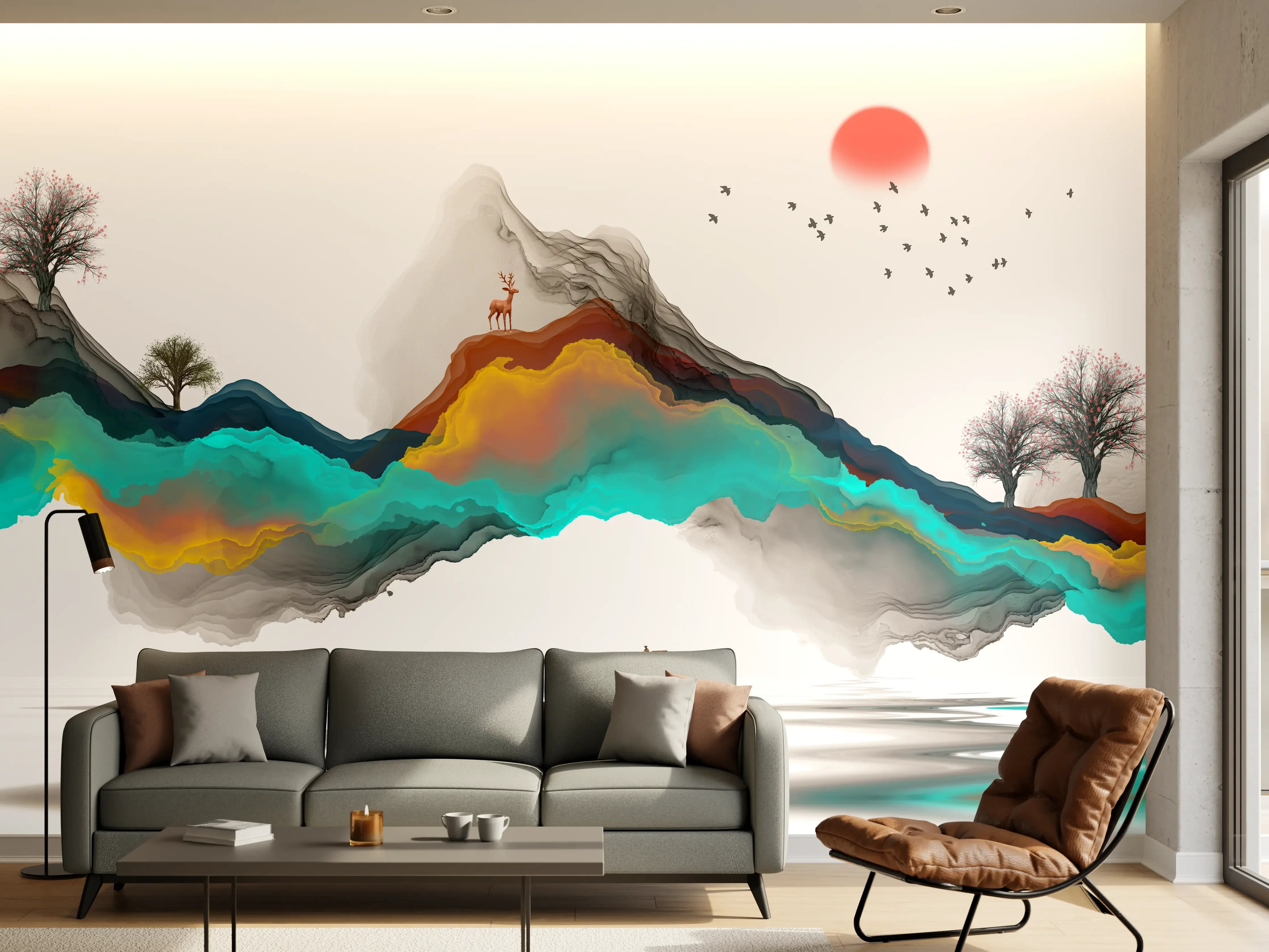 Wandverkleidung Wohnzimmer - Tinte Linie Dekoration Landschaft